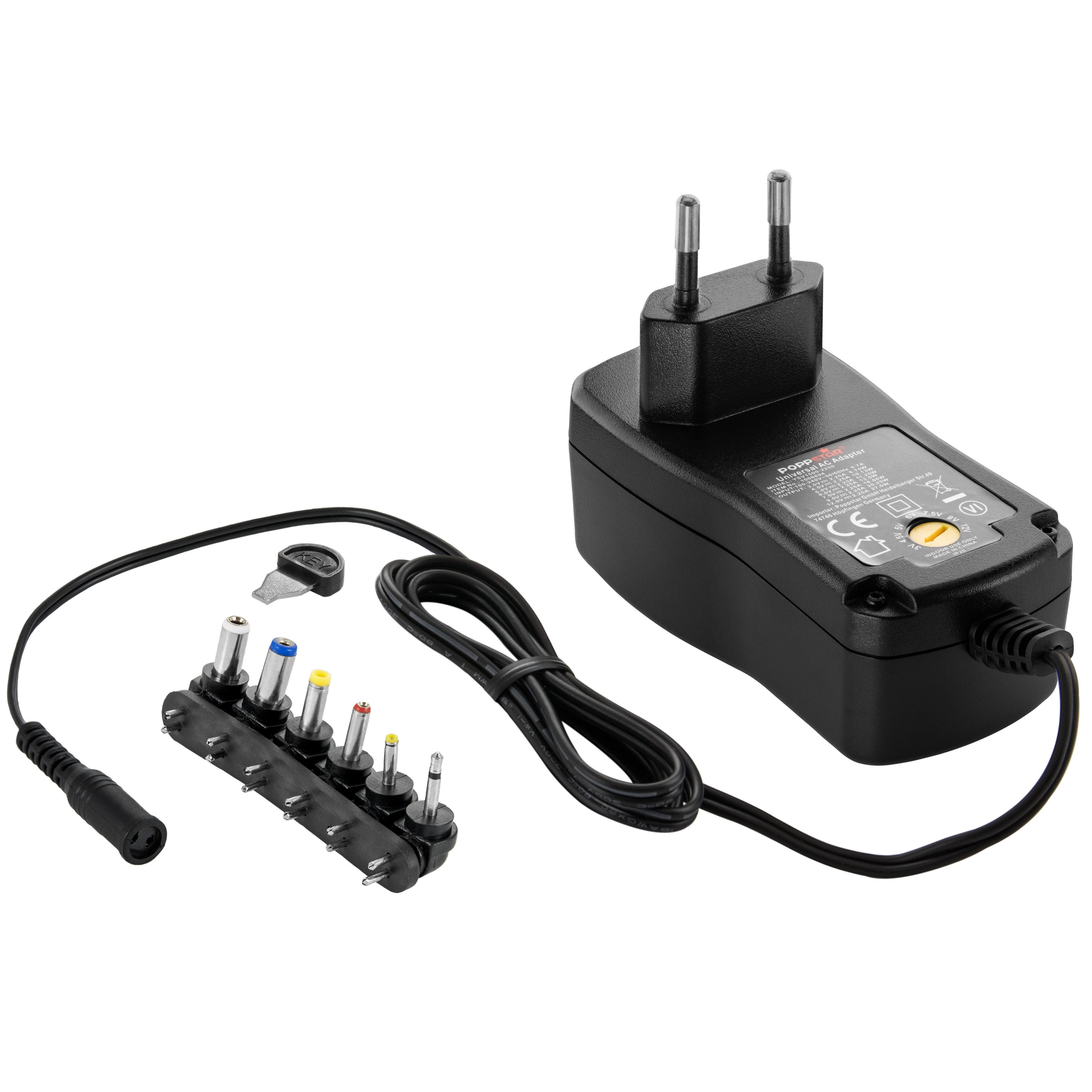 Poppstar Universal Schaltnetzteil 4,5V 5V 6V 7,5V 9V 10 V 12V - 2A Universal-Netzteil (2000mA Netzteil mit 6 Wechselsteckern und LED, 150cm)
