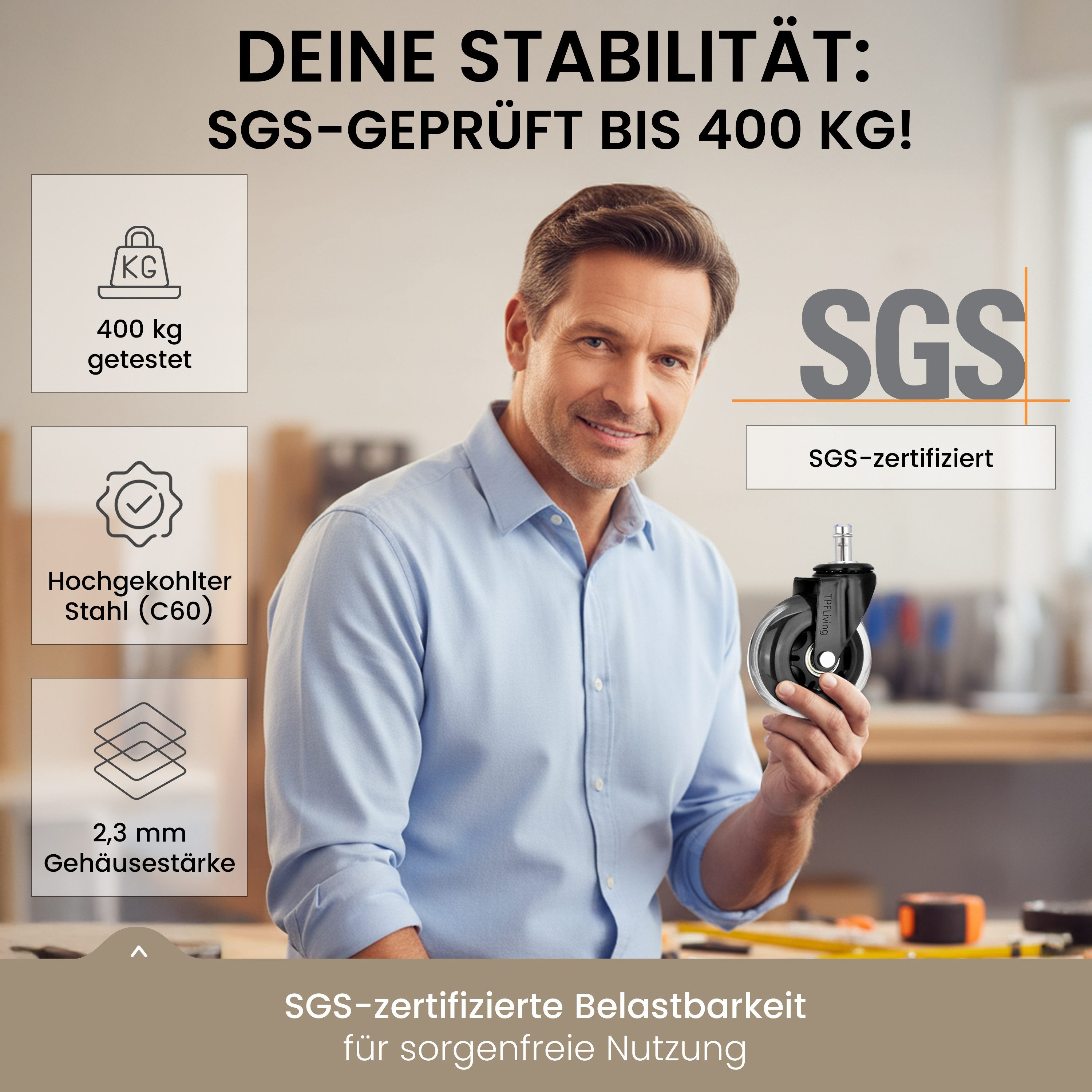 TPFLiving Stuhlrolle TPFLiving Bürostuhlrollen - Stuhlrollen Premium - 10 Jahre Garantie, (5-St., 5er Set Rollen für Bürostuhl 11x22mm - Invictus ProGlide transparent), Von uns entwickelt für höchste dynamische Belastungen bis 400 kg