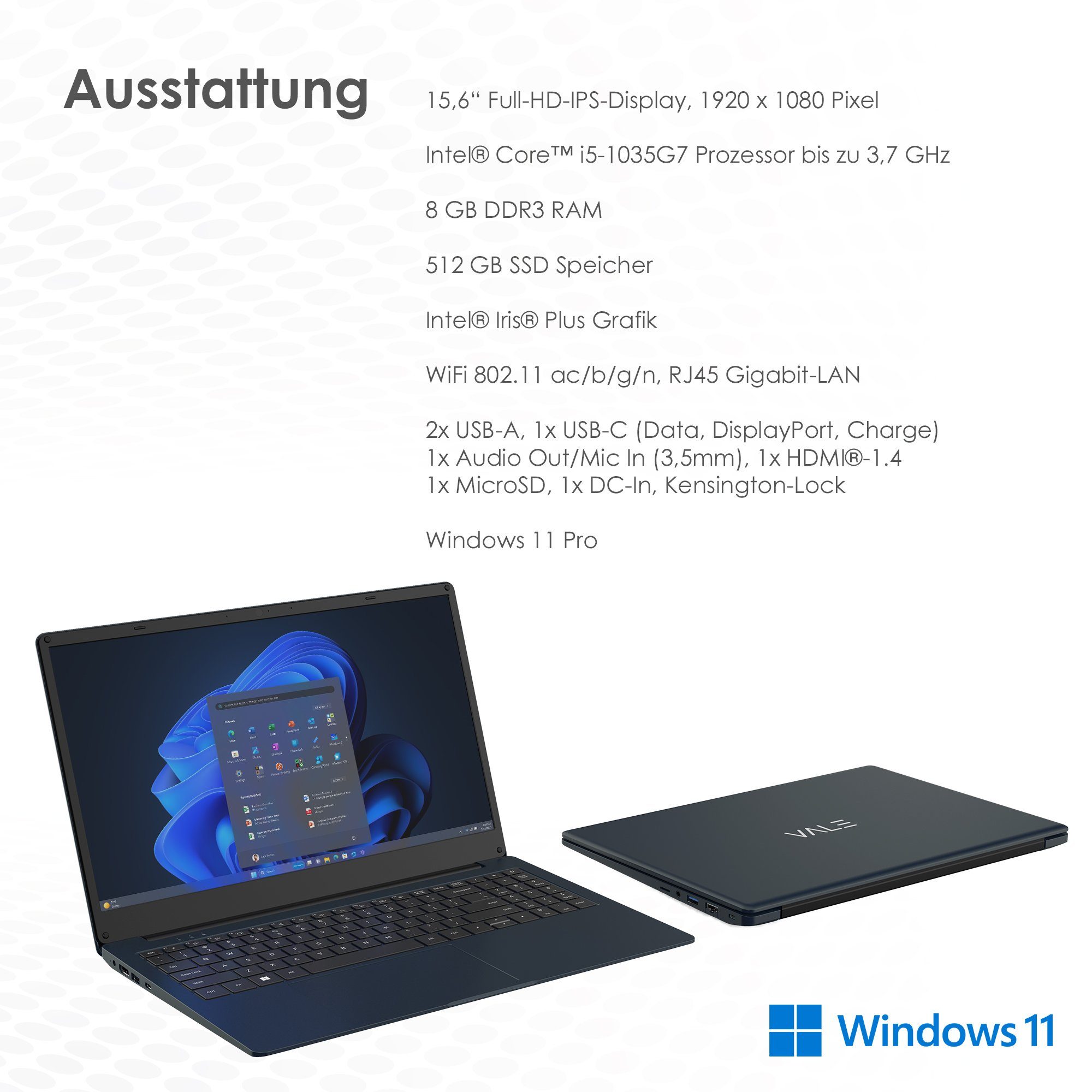 Notebook, (Intel Core Grafik, Pro 11 Windows i5-1035G7, Plus (Dunkelblau) Full-HD VALE IPS Business-Notebook V15E-I5-8512D Iris 15,6" i5