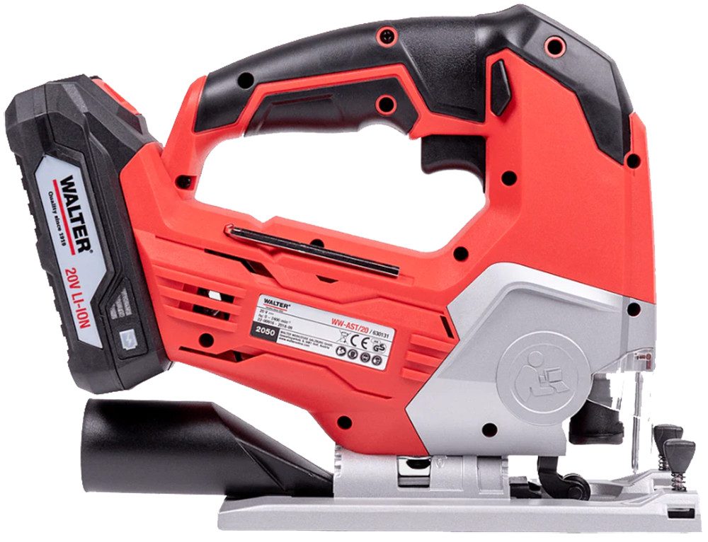 WALTER Akku-Stichsäge 20V Akku Pendelhubstichsäge Stichsäge inkl. Akku (2Ah) und Ladegerät, Stichsäge mit drei Pendelstufen und bis zu 45° neigbarem Sägeschuh