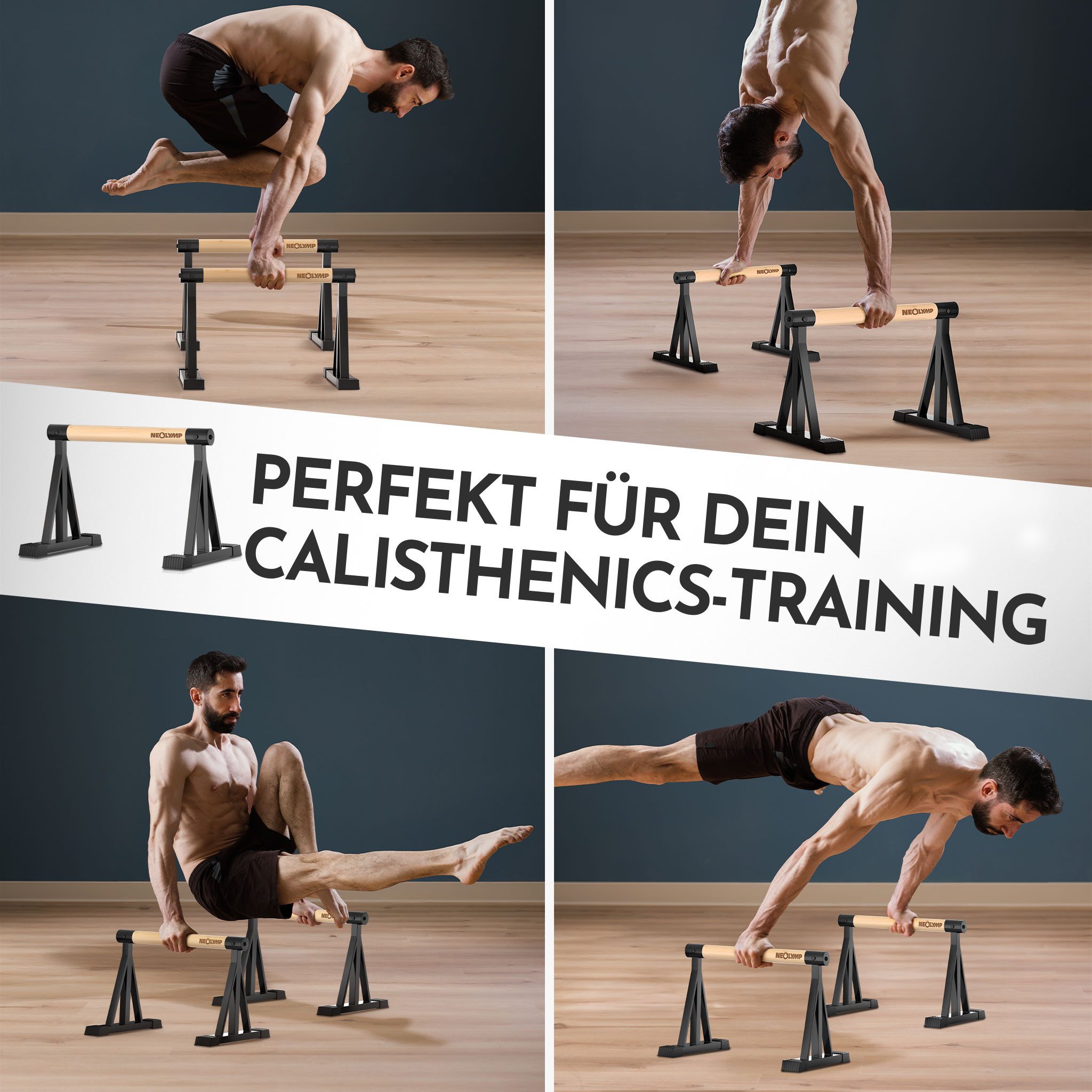 NEOLYMP Liegestützgriffe Parallettes Holz - Calisthenics Equipment Liegestützgriffe - Push Up (Set, Push Up Bars belastbar bis 500 kg - inkl. E-Book & Grip Tape – Bild 4 von 5