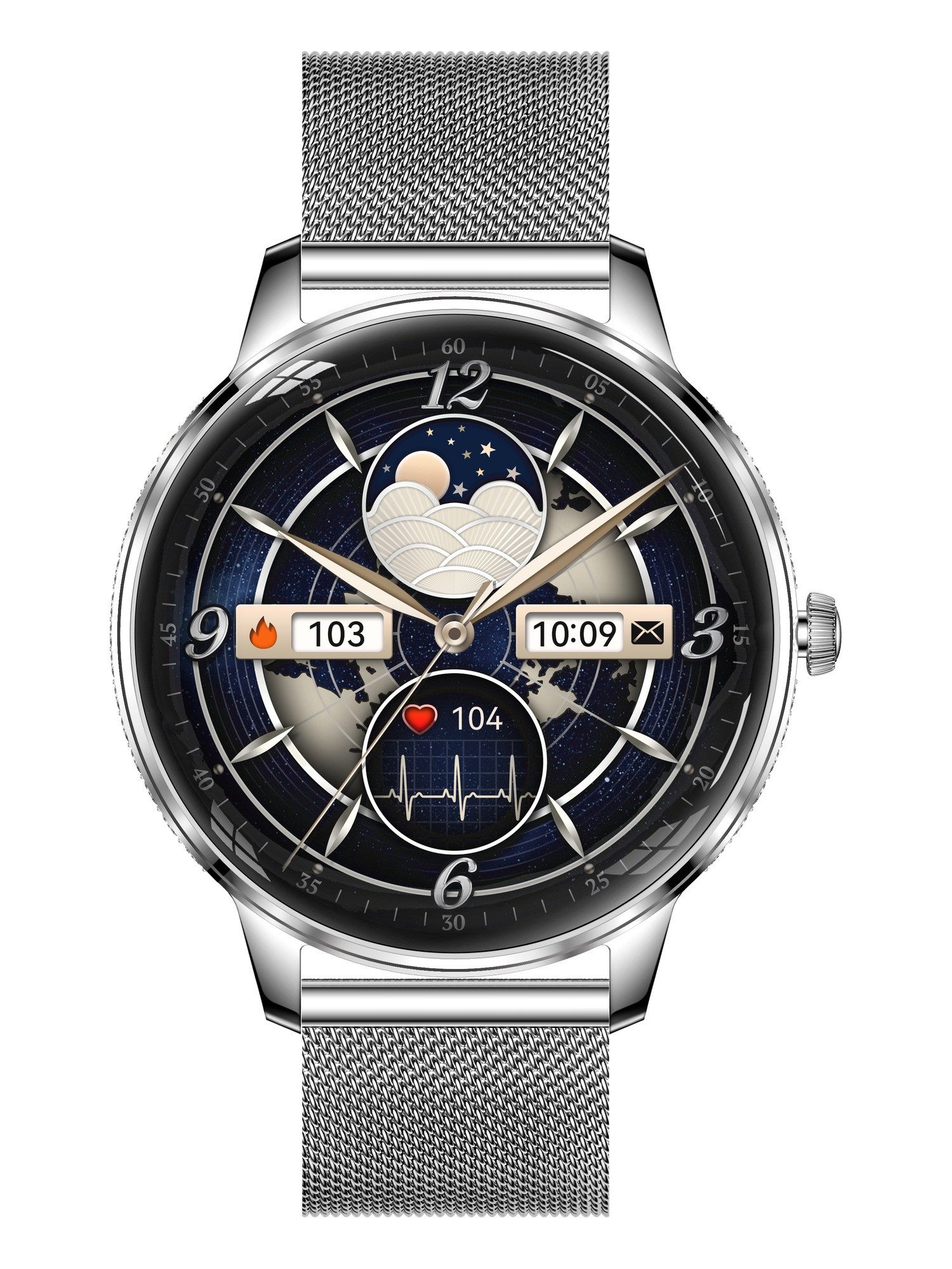 Zevelora Elia Damen Smartwatch (3 cm/1,19 Zoll, Android/iOS) Set, 3-tlg., mit Milanaise-Armband und zusätzlichem Silikonarmband, Strass-Lünette, AMOLED-Display, Telefonfunktion, WhatsApp-Anzeige