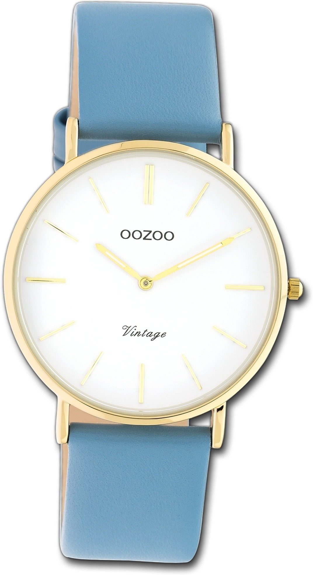 OOZOO Quarzuhr Oozoo Damen Armbanduhr Ultra Slim, Damenuhr Lederarmband babyblau, rundes Gehäuse, mittel (ca. 36mm)