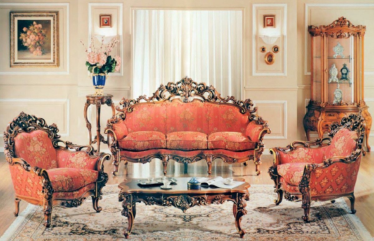 Qualität Wohnzimmer Sofa Barock / Casa Barock / Prunkvolles - - Rot Wohnzimmer Sofa Luxus elegantem Italy Padrino Braun Muster Hotel mit Möbel Sofa - in Made Erstklassische & - Gold