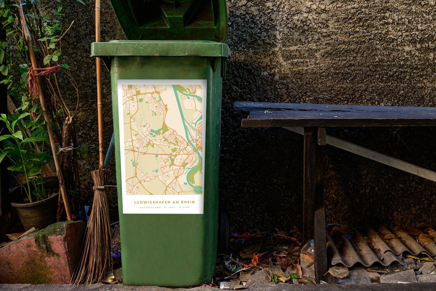 MuchoWow Wandsticker Karte - Sticker, (1 - Mülleimer-aufkleber, Mülltonne, Jahrgang - Rhein St), Stadtplan Ludwigshafen Abfalbehälter am Container