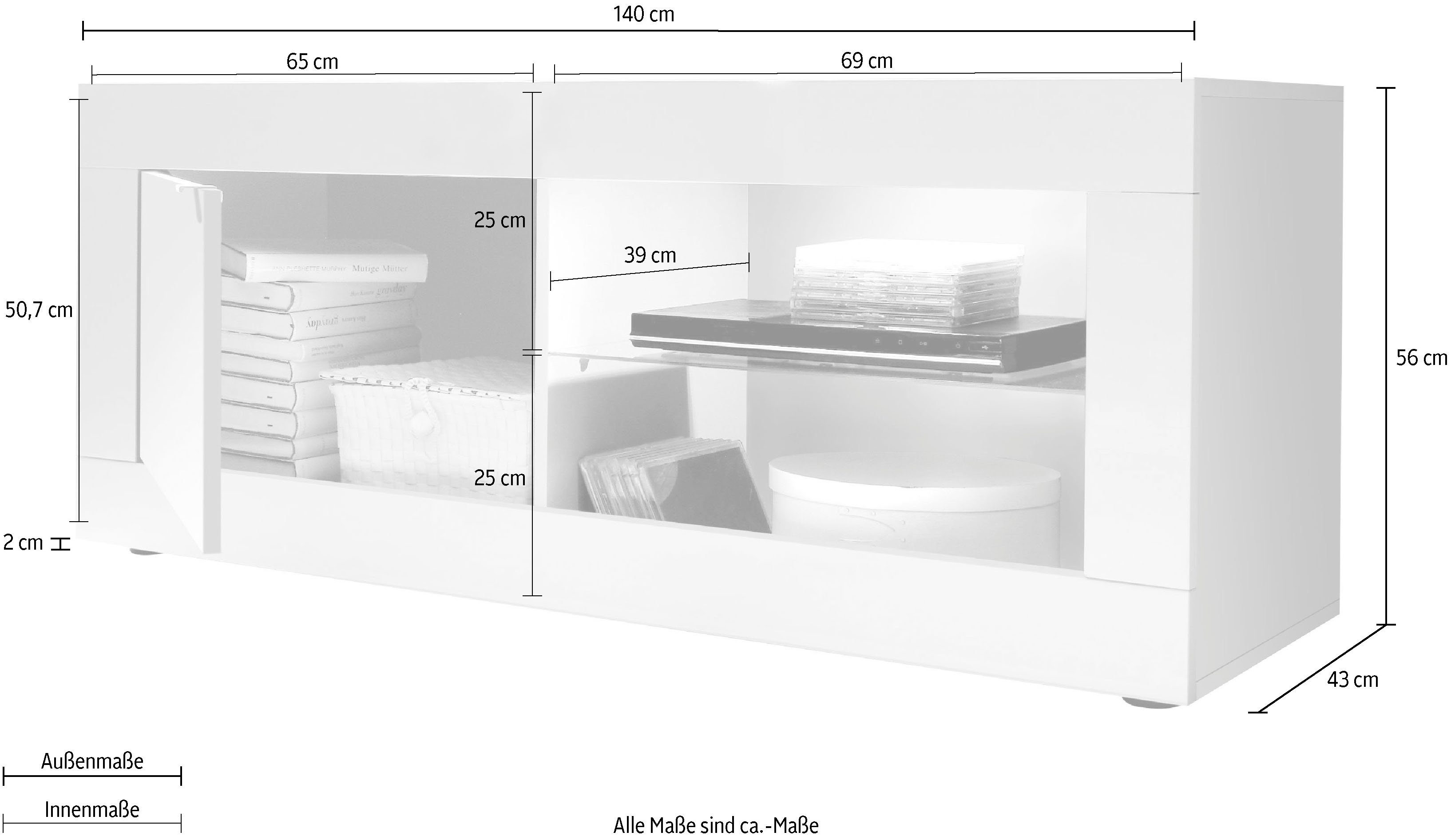 Home affaire Lowboard Basic Breite 140 cm, TV-Board 1 Tür, 2 offene Fächer (Glasboden), TV-Kommode, Metallgriff, moderne Rahmenoptik, Farbauswahl