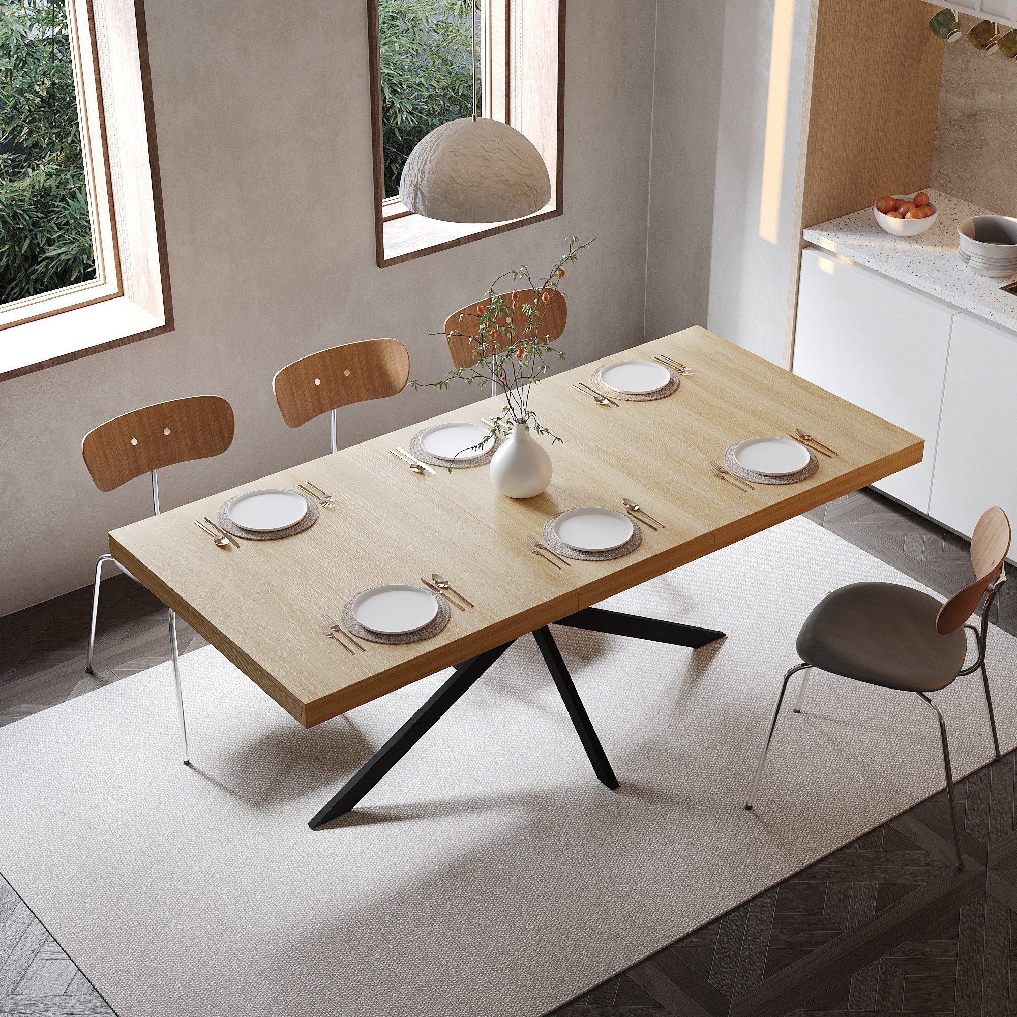 MODFU Esstisch ausziehbar 140–180 cm, Küchentisch Esszimmertisch (Naturholz-Optik mit geprägtem Mittelteil und verstecktem Stauraum – platzsparender Küchentisch für 4–6 Personen)
