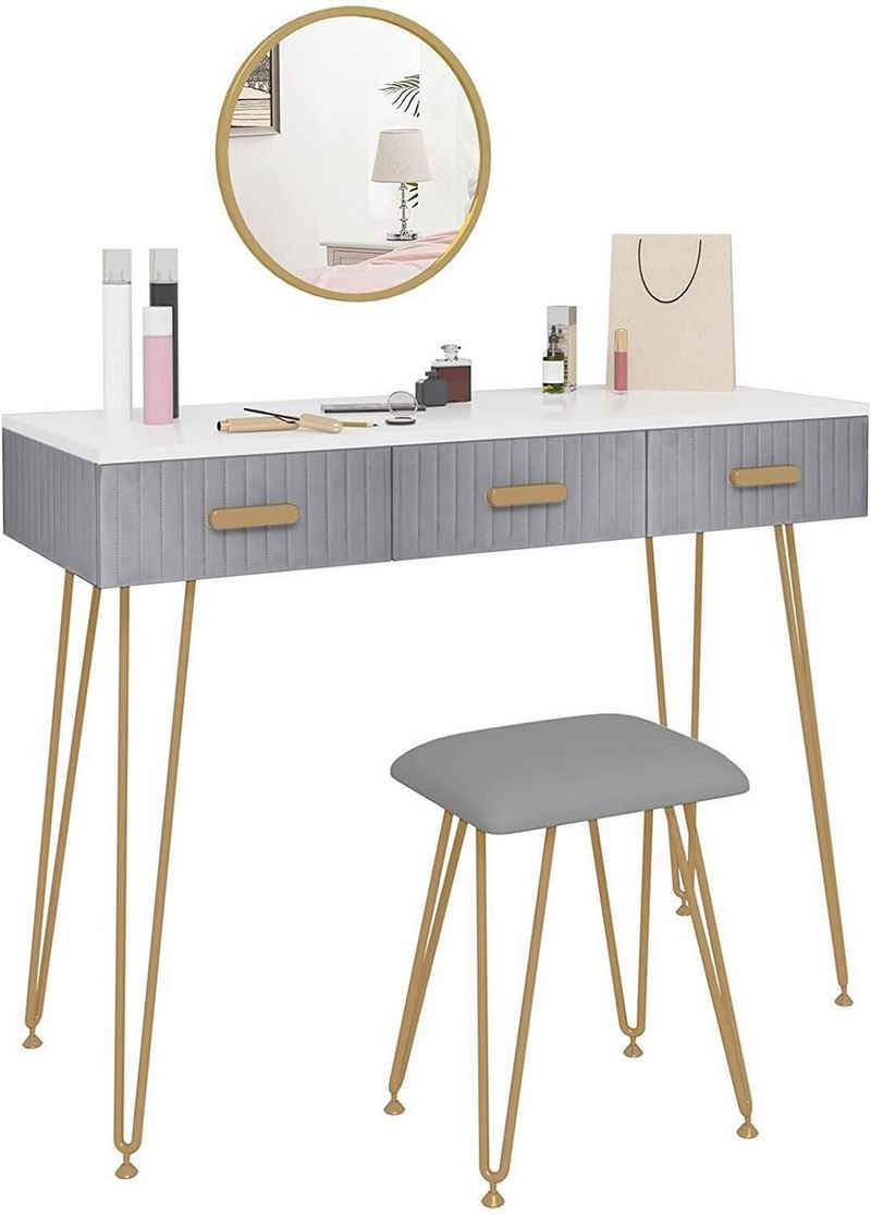 Woltu Schminktisch (mit Hocker und Spiegel Frisiertisch mit Schubladen, 1-St., Make-up Tisch mit Großer Tischplatte 100x40cm), Modern Kosmetiktisch für Schlafzimmer, Grau