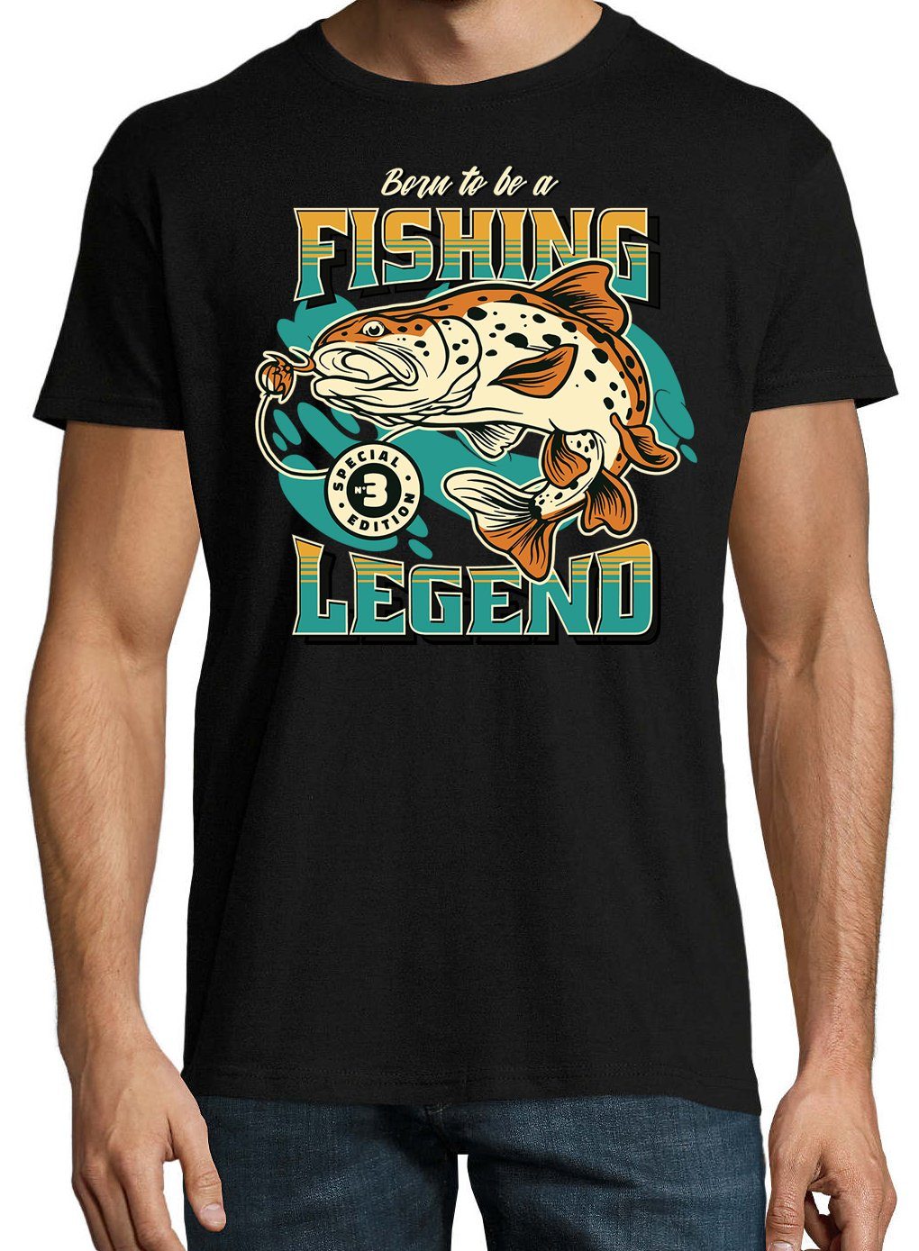 Youth Designz Fishing Shirt Frontprint To Herren A mit Be Schwarz "Born trendigem Legend" T-Shirt Abschluss) (gerader