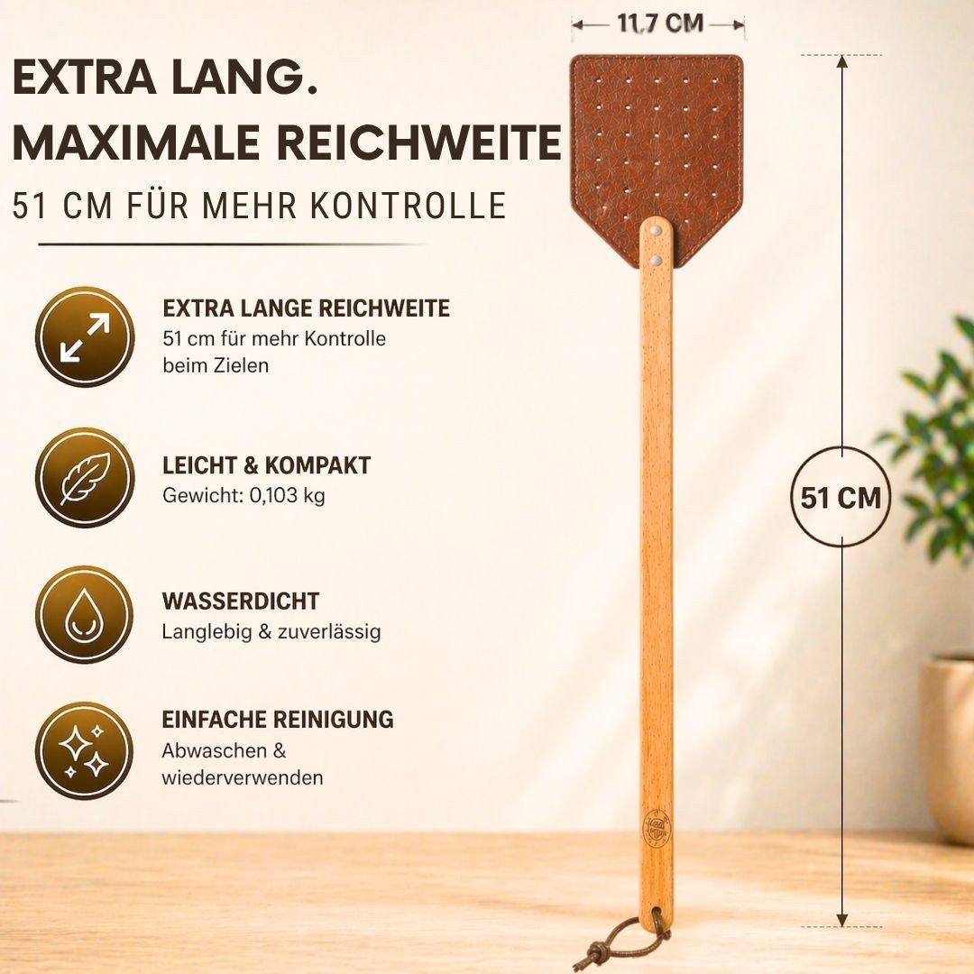 Topanbieter999 Fliegenklatsche mit Holzgriff extra lang 51 cm, Gelochtes Design für präzises Treffen