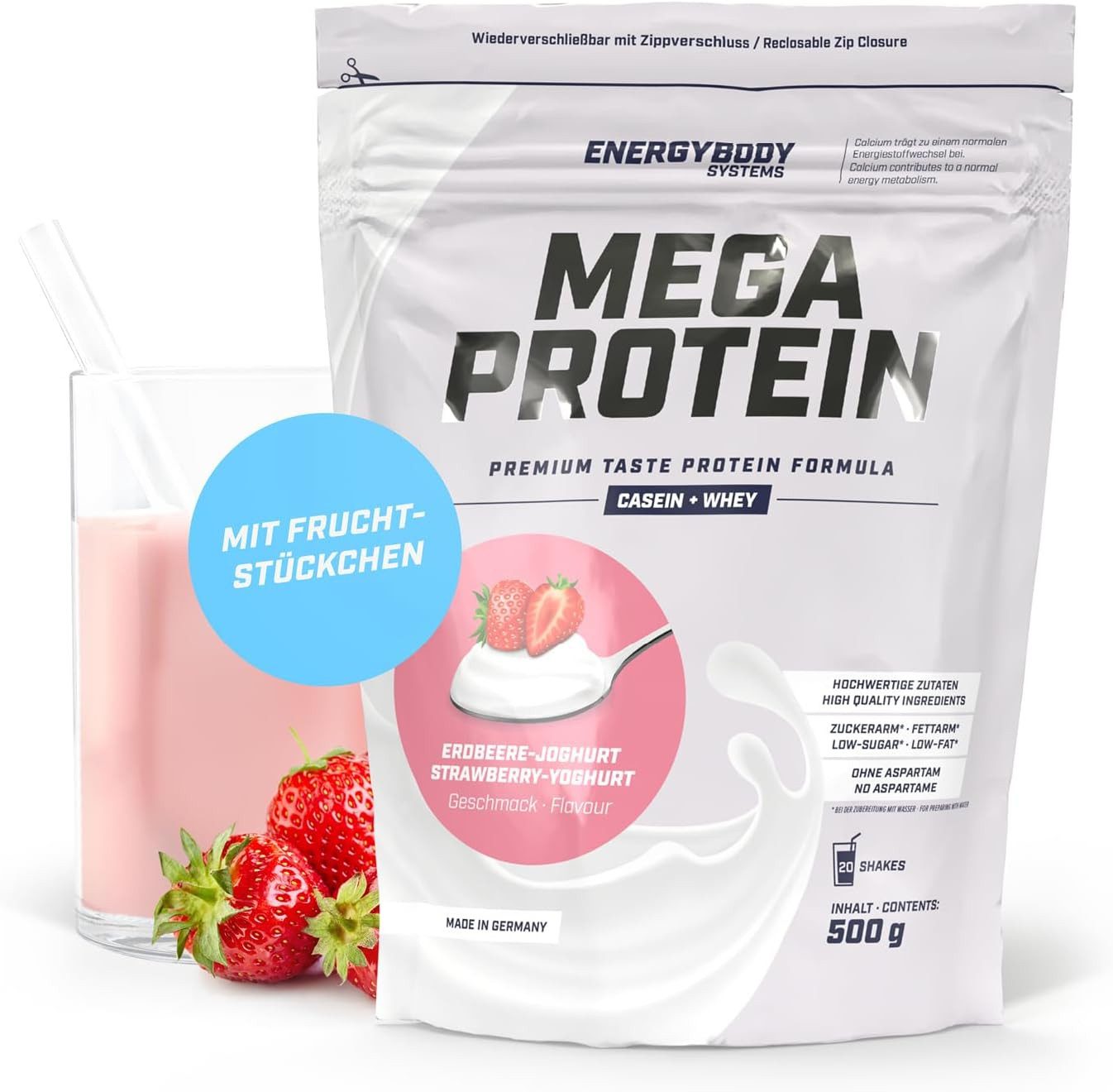 Energybody Systems Mega Protein Pulver, Whey und Casein Eiweißpulver, super cremig lecker, aspartamfrei