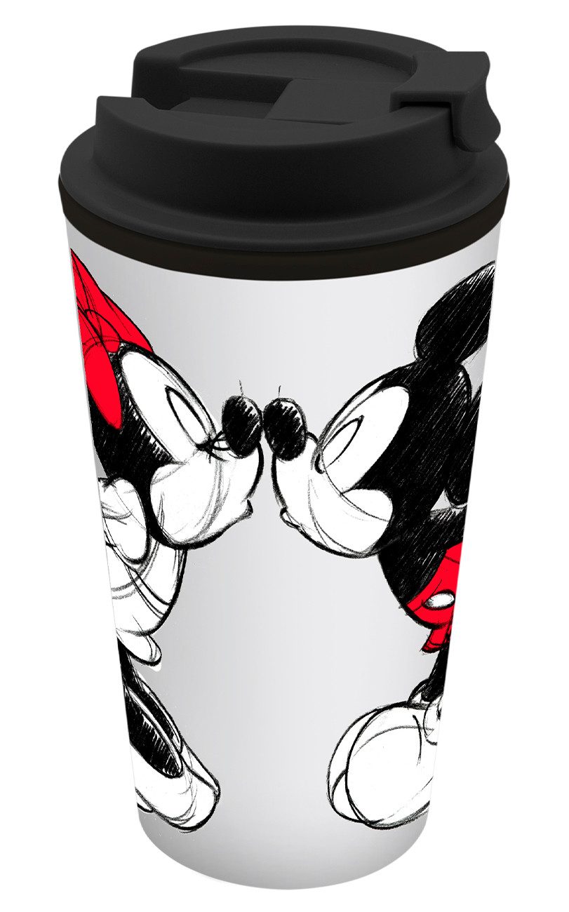 Geda Labels GmbH Coffee-to-go-Becher Mickey Kiss Sketch rot, 1-tlg., PP, Rot, 400 ml, doppelwandig