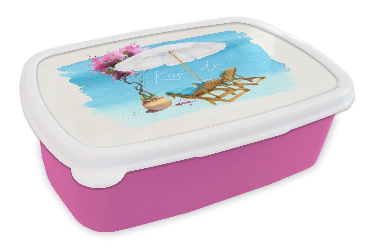 MuchoWow Lunchbox Strandkorb - Blumen - Sonnenschirm - Aquarell, Kunststoff, (2-tlg), Brotbox für Erwachsene, Brotdose Kinder, Snackbox, Mädchen, Kunststoff rosa