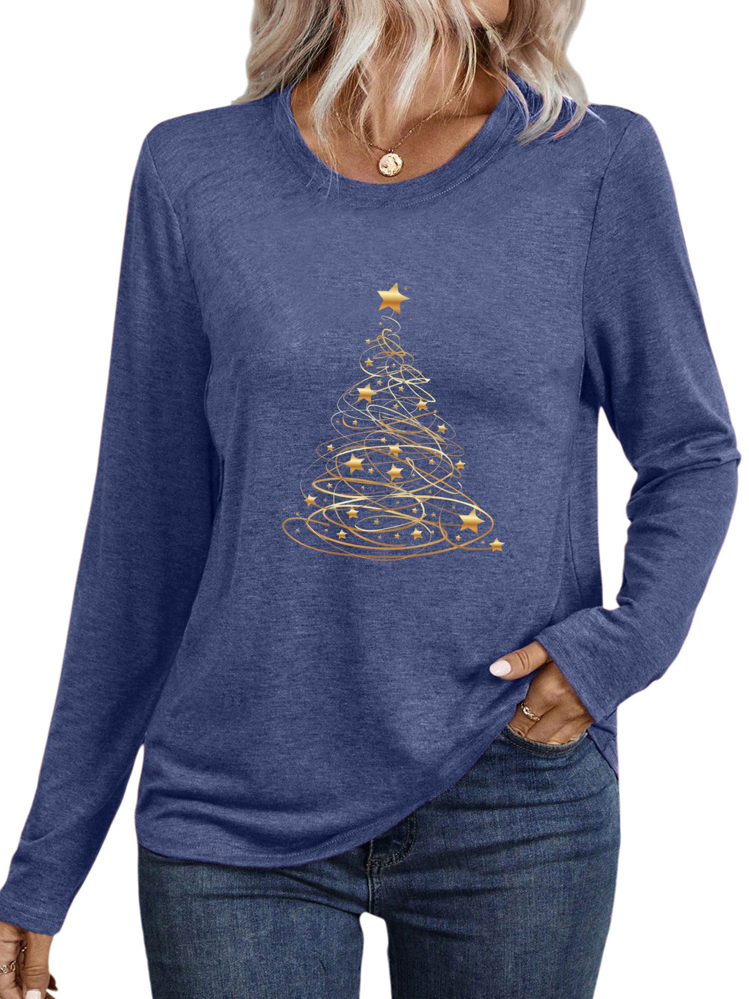 PYLIKE Print-Shirt Damen bequemes Rundhalsshirt mit Goldshan Weihnachtsbaum günstig online kaufen