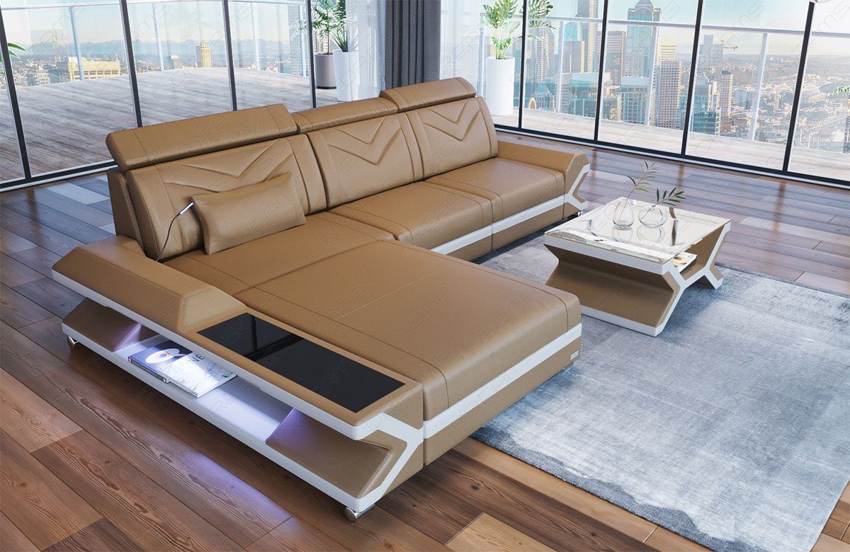 Sofa Dreams Ecksofa Napoli L Form Mini Leder, Designersofa, 4-Sitzer, Couch, USB-Anschluss, LED-Beleuchtung, Ottomane, Armlehne