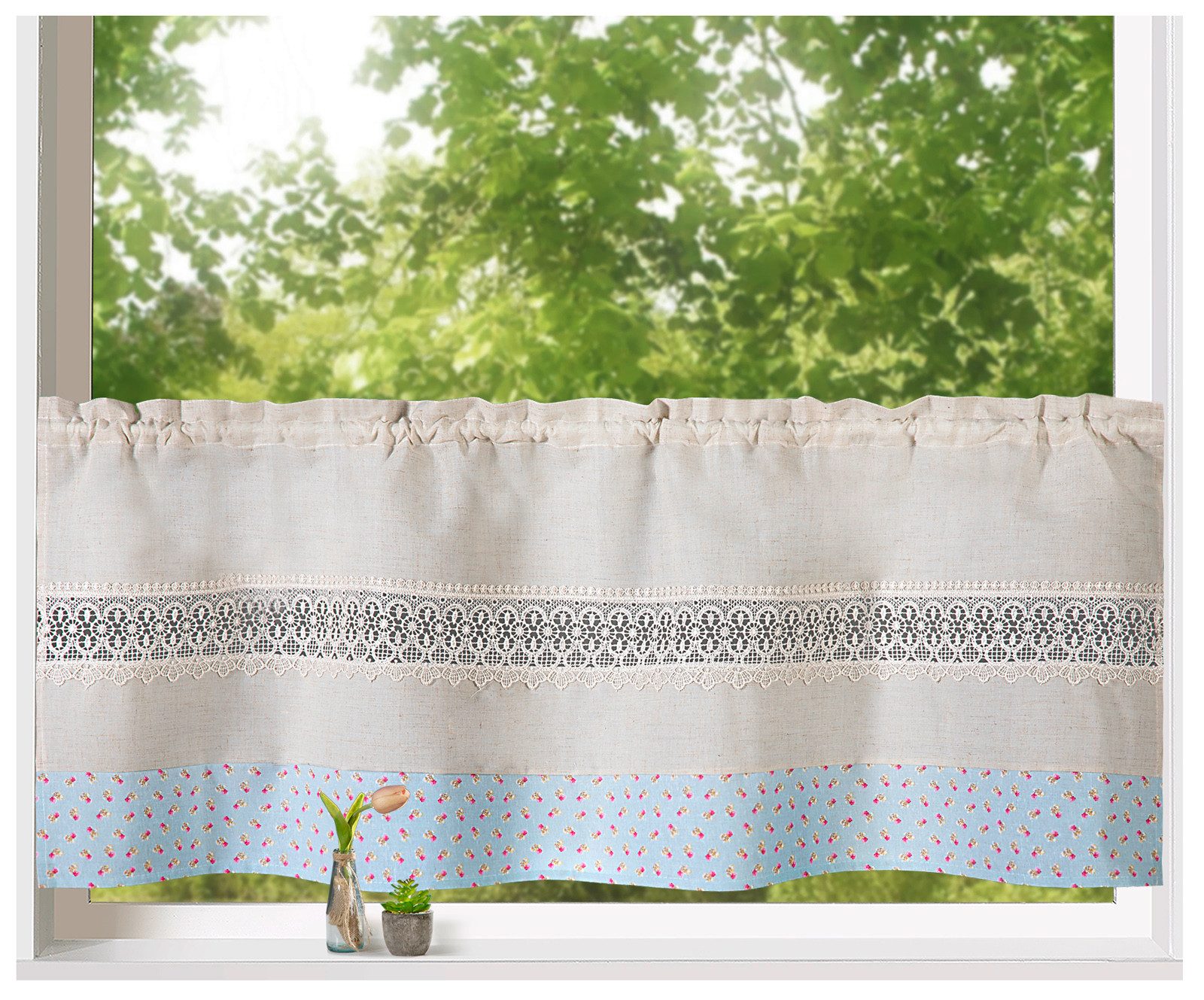 heimtexland Scheibengardine Bistrogardine Fensterdeko Rosen Leinen Optik (1 St), Stangendurchzug, blickdicht, Polyester in Leinen-Optik, Scheibengardine I Häkelborte I Landhaus