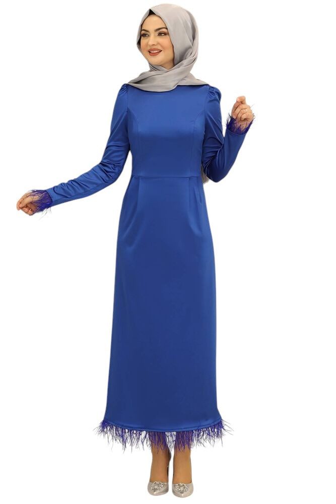 fashionshowcase Satinkleid Damen Abendkleid schlicht Abiye Abaya Modest Fashion Federdetails am Saum und an den Ärmelabschlüssen