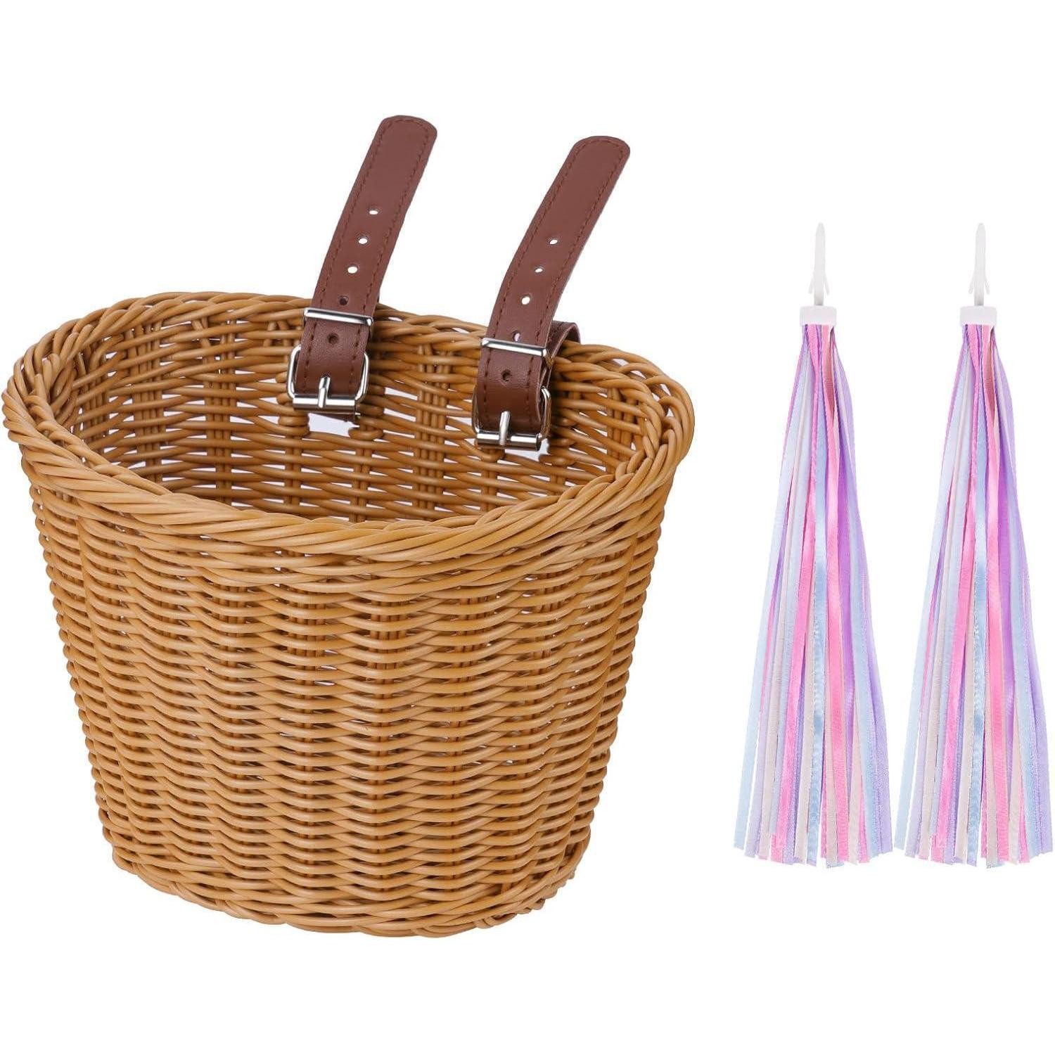 LuxusKollektion Fahrradkorb Fahrradkorb Kinder Vorne Abnehmbar Rattan Lederriemen #4 Braun