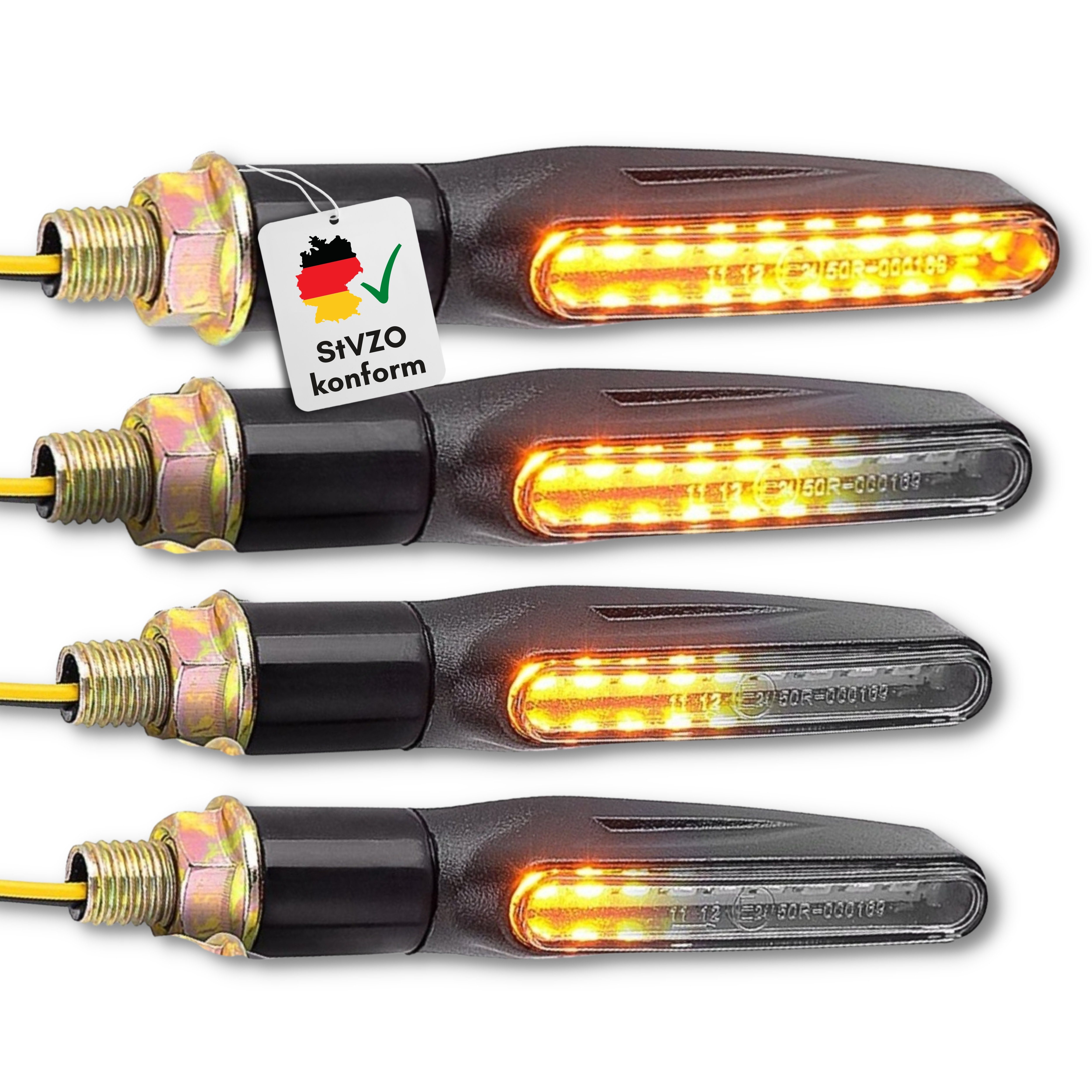 Blinker mit LED Universell, Binego 4x Gelb, StVZO Motorrad integriert, Lauflicht E LED konform fest Geprüft Mini