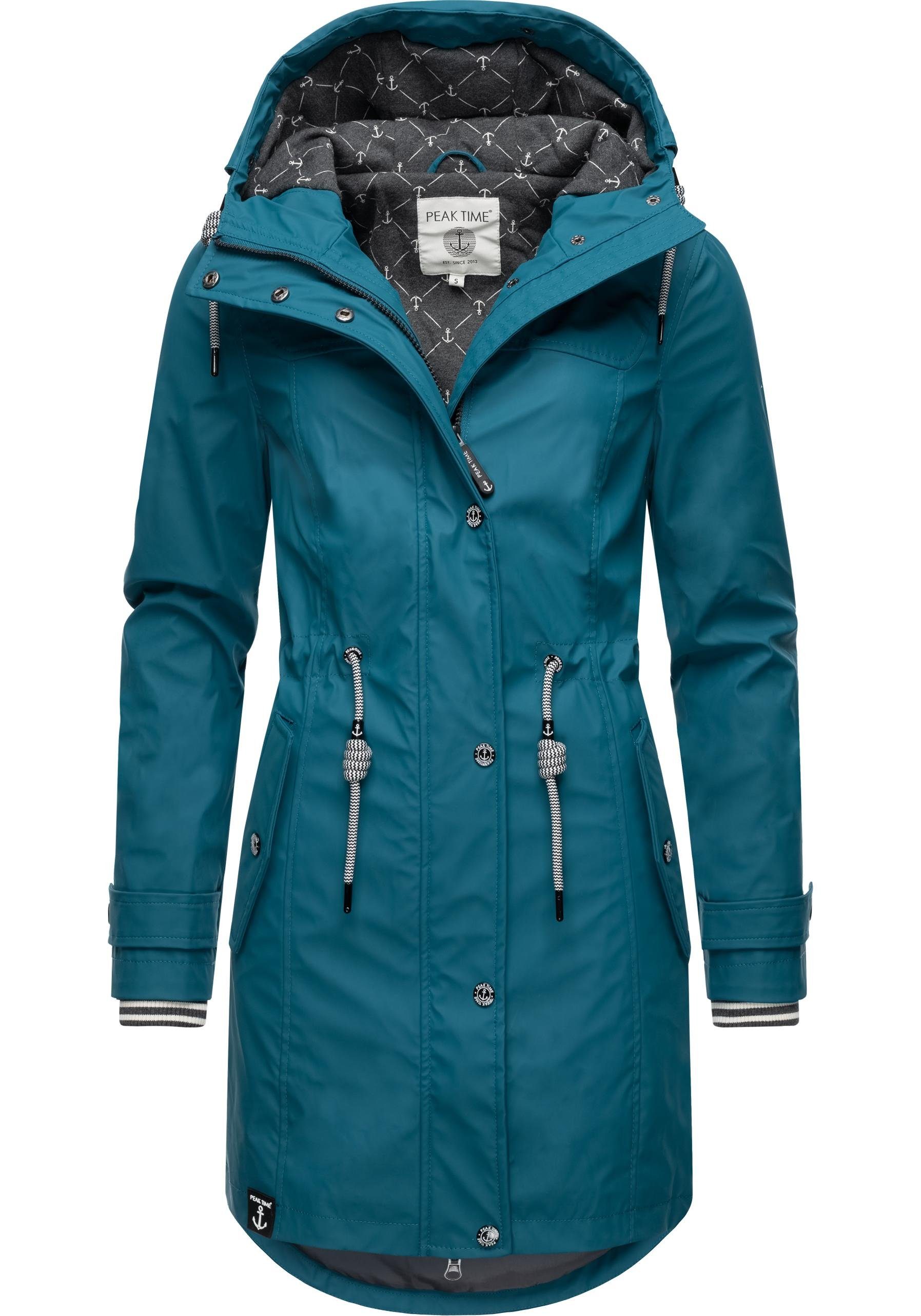 für taillierter Damen, stylisch Länge & Damen perfekter mit Regenjacke L60042 Taillenzugband Jacke praktischem PEAK TIME Regenmantel