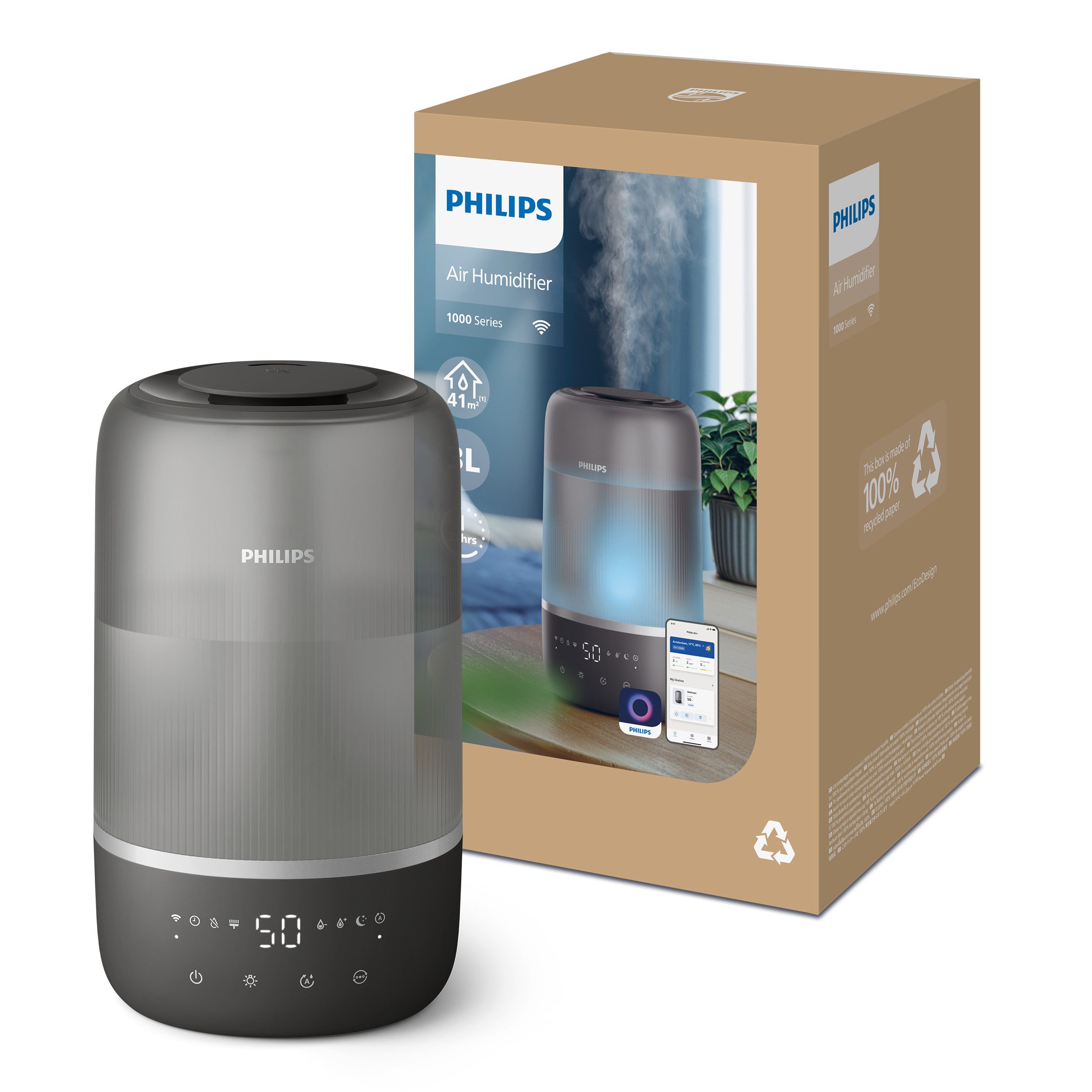 Philips Luftbefeuchter HU1510 1000 Series, ultraschall, 3 l Wassertank, für 41 m² Räume, mit Aroma-Diffusor, Stimmungslicht, App verbunden