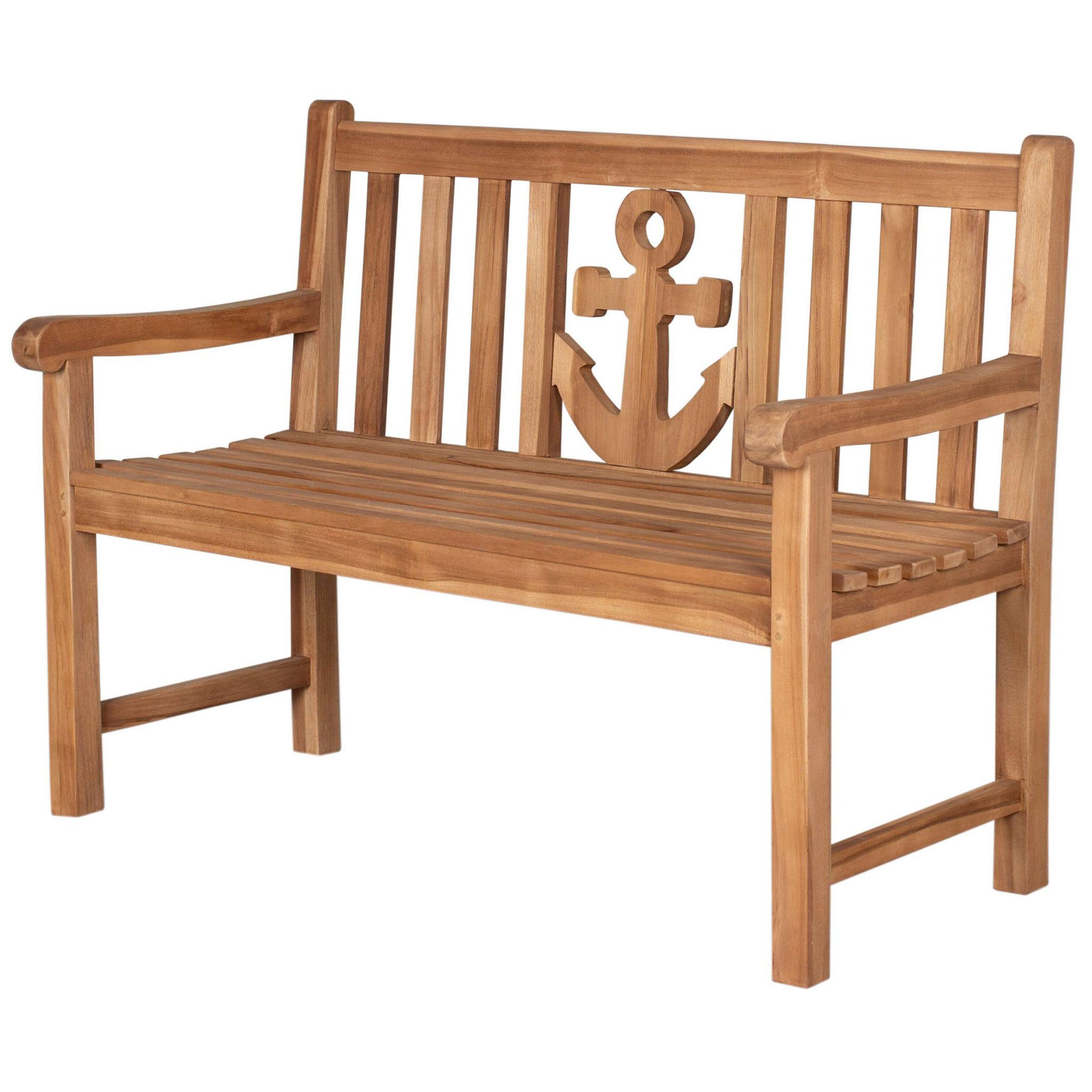 bene living Gartenbank Anker 120 cm - Teakholz, geschwungende Armlehnen - Rückenlehnen mit Ankermotiv