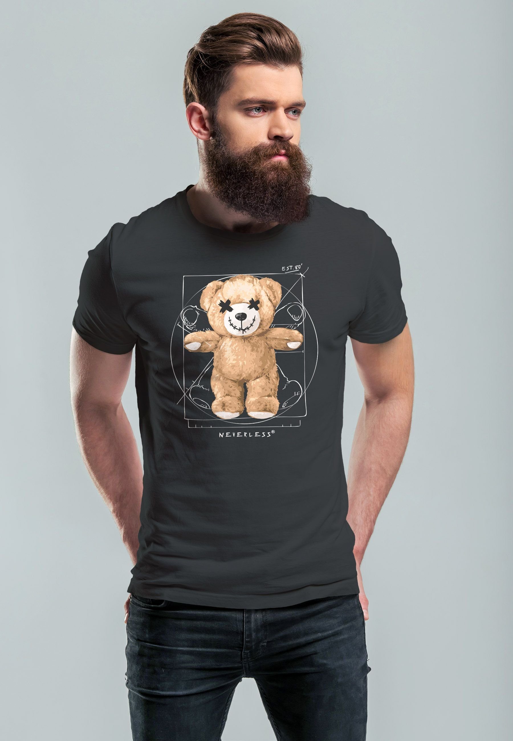Fashion Streetstyl Print-Shirt Print Parodie T-Shirt Bär DaVinci Teddy Print Herren mit Meme dunkelgrau Neverless