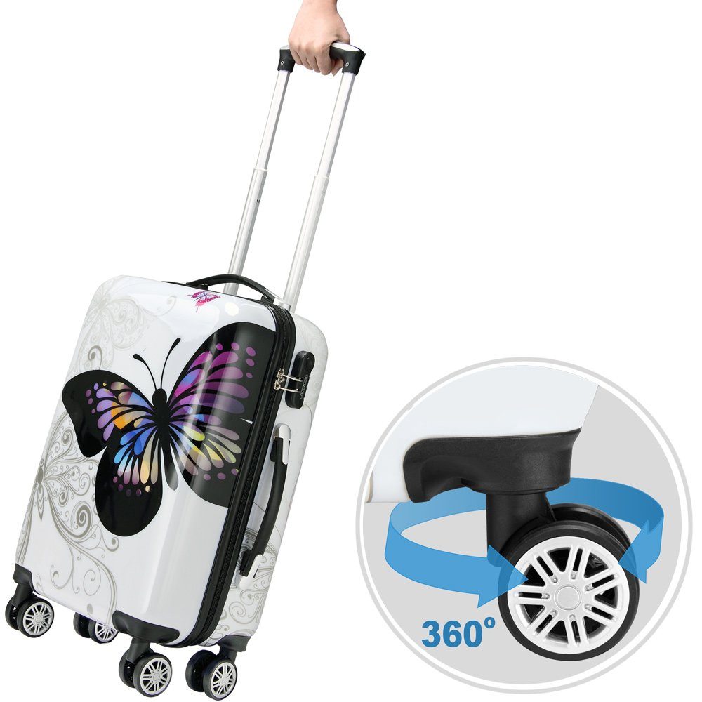 monzana Hartschalen-Trolley Butterfly, 4 Rollen, Hartschalenkofferset Butterfly Beauty Reisekoffer Set Komplettset