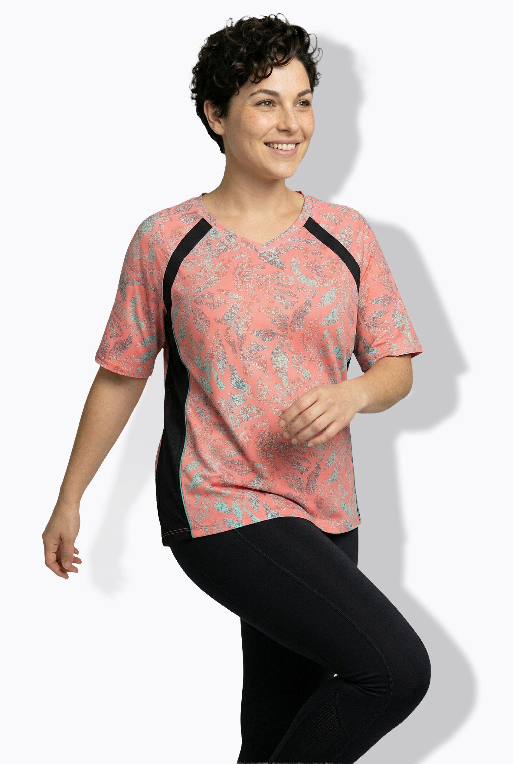 Ulla Popken T-Shirt T-Shirt Blätter Mesh V-Ausschnitt Halbarm recycelt