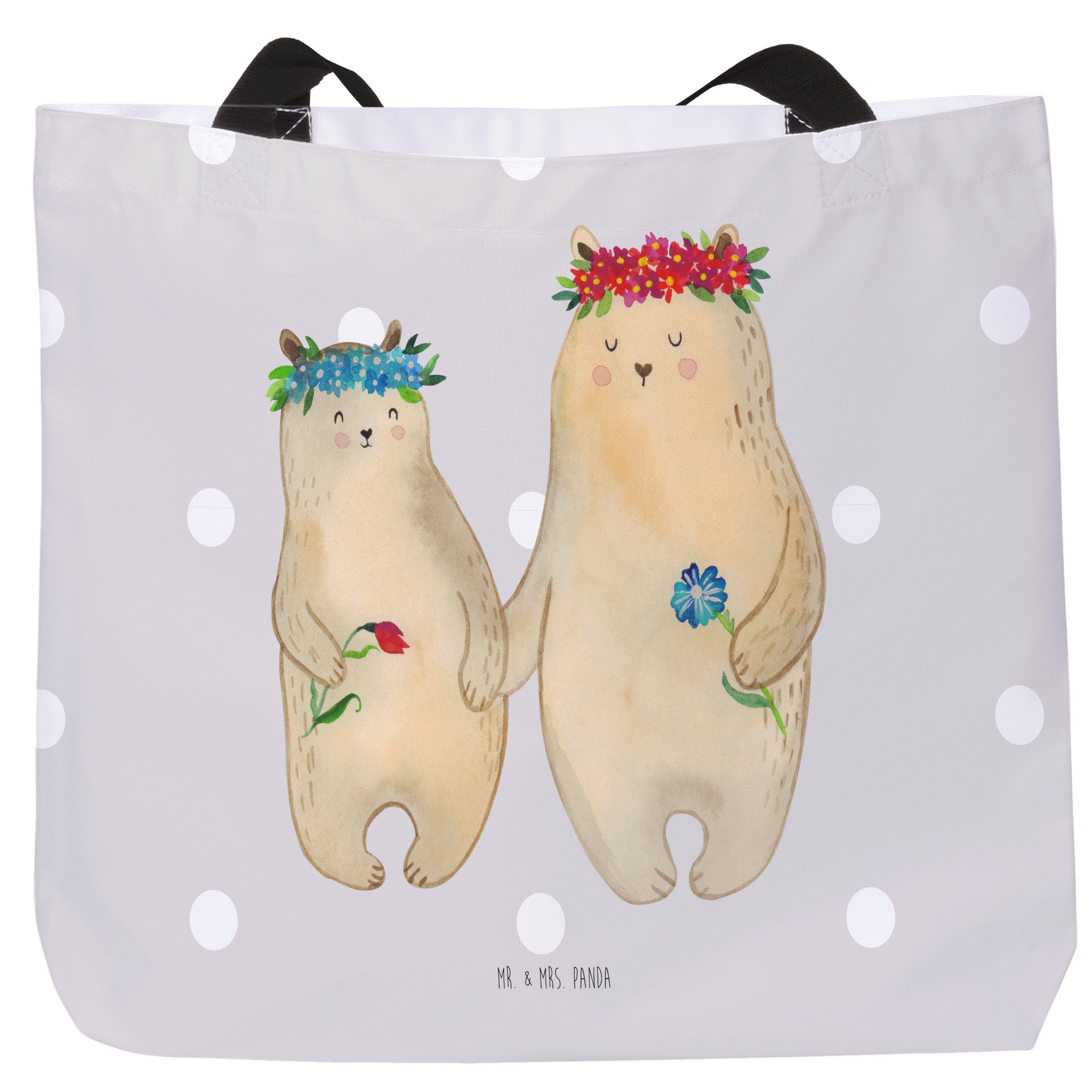 Mr. & Mrs. Panda Shopper Bären mit Blumenkranz - Grau Pastell - Geschenk, Mami, Vorbild, Schul (1-tlg)