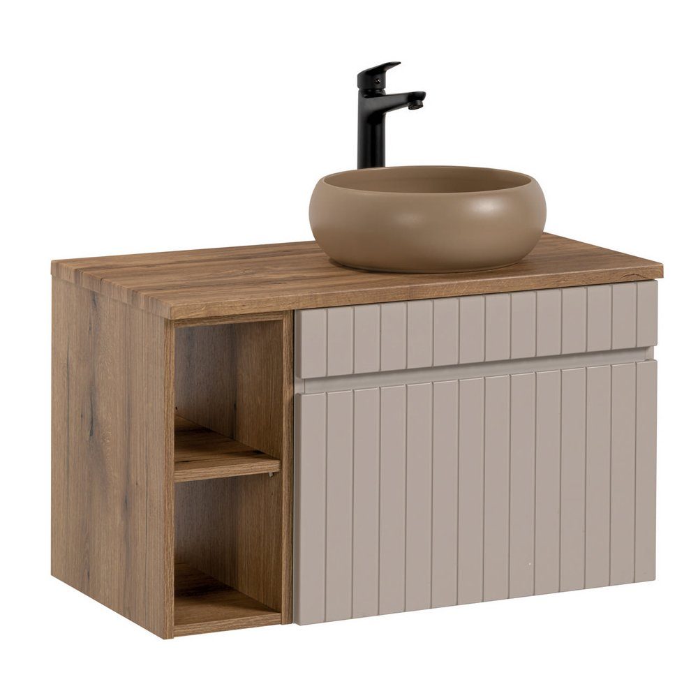 Lomadox Waschtisch IRAKLIO-56-CASHMERE, Eiche Nb., Kaschmir, 80,4 cm, Regal, 1 Auszug, Keramik Waschbecken