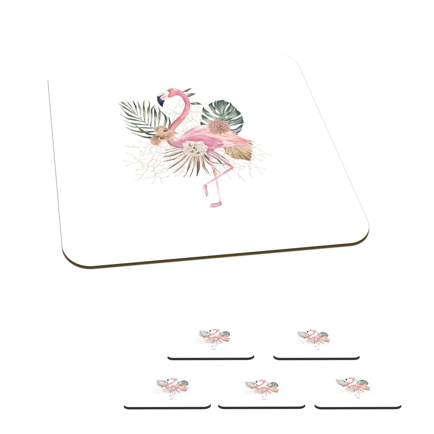 MuchoWow Glasuntersetzer Flamingo - Blätter - Blumen - Zeichnung, Zubehör für Gläser, 6-tlg., Glasuntersetzer, Tischuntersetzer, Korkuntersetzer, Untersetzer, Tasse