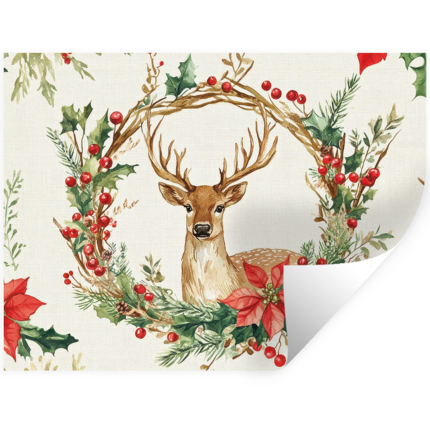MuchoWow Wandsticker Weihnachtskranz - Hirsch - Stechpalme - Rot (1 St), Wandtattoo, Selbstklebend, Wohnzimmer, 80x60 cm