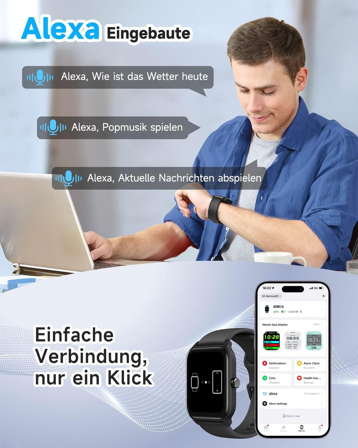 GYDOM IDW13 Smartwatch (4,5 cm, android ios), Smartwatch mit Alexa Sprachsteuerung Bluetooth Telefonie