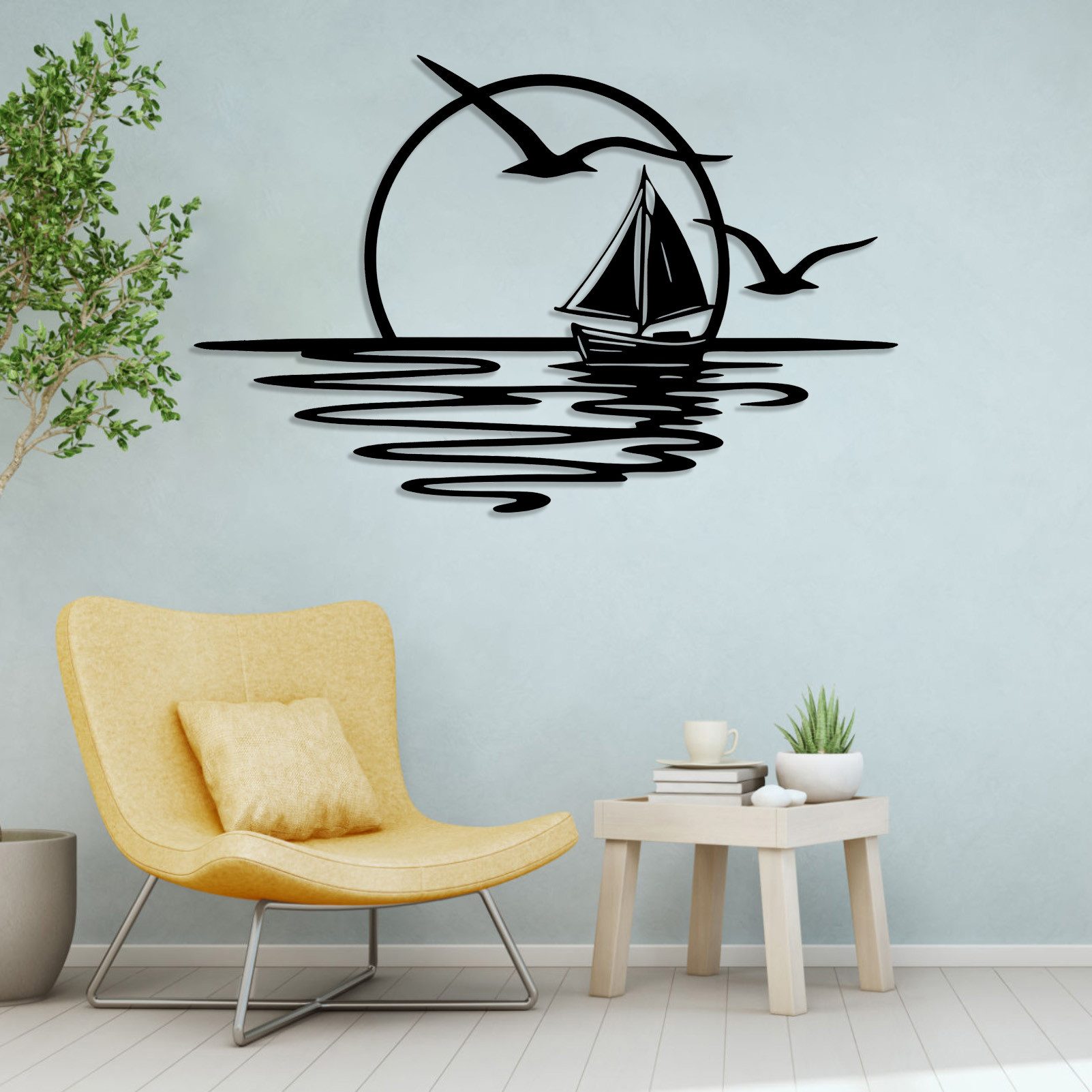 Jumpeak Wanddekoobjekt Wanddeko mit Segelbooten und Möwen,Sonnenaufgang,Sonne,Meer,Seefahrt, Metall,4 Farben,4 Maße,Wasserwellen, Strichkunst,Natürliche Atmosph – Bild 3 von 5