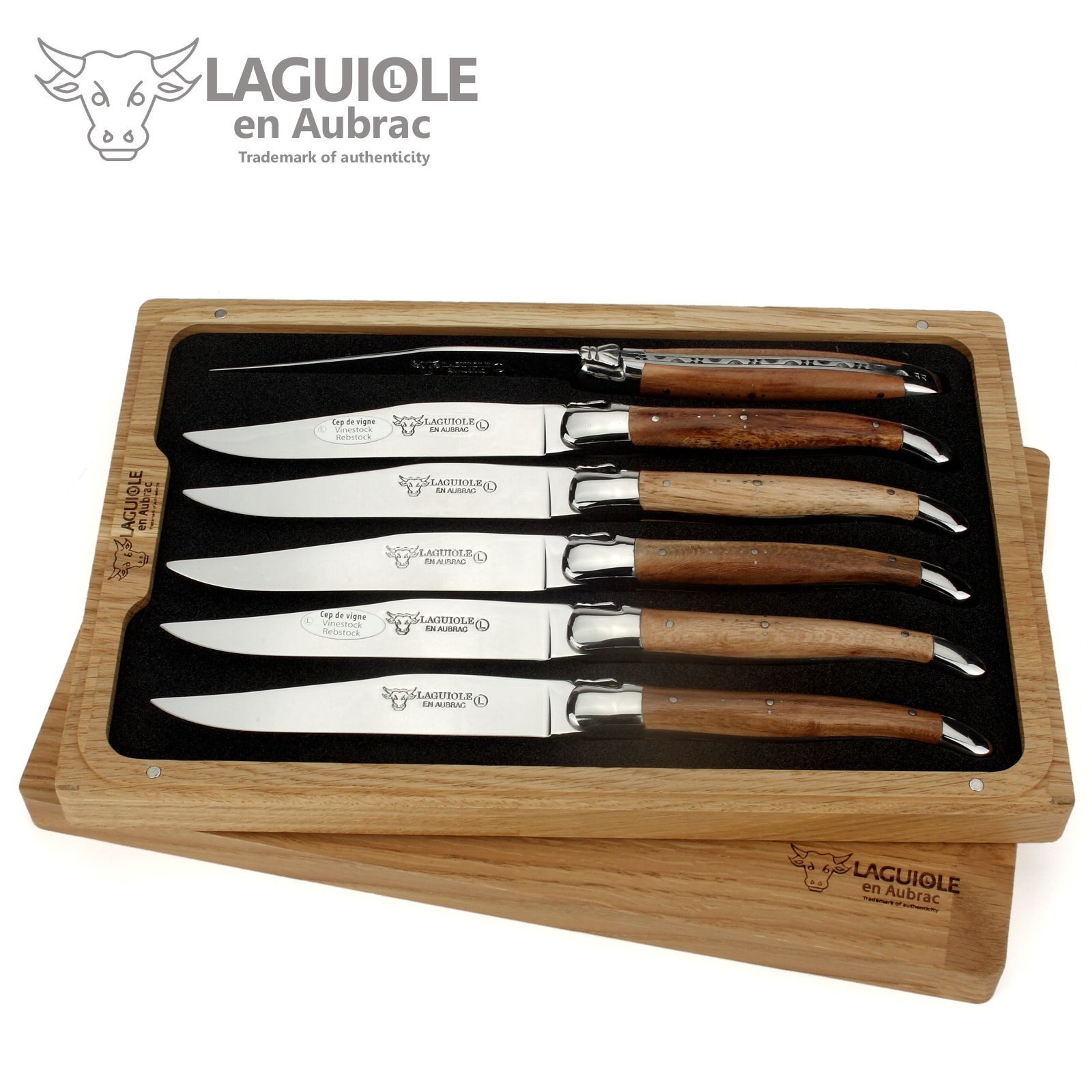 Laguiole en Aubrac Steakmesser 62C99CVIH 6er Set - Griff Weinrebe - Backen glänzend - Klinge glänzend - Holzbox