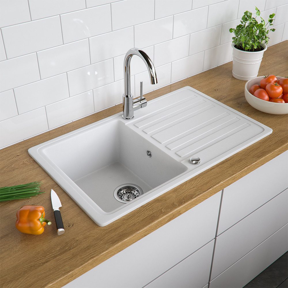 Bergstroem Granitspüle, Weiß, 76 x 46 cm mit Trockenplatz, Rechteckig, 76.5/46 cm, beidseitig montierbar