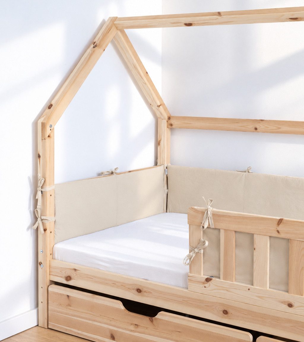 Loolay Bettnestchen Bettumrandung für Bodenbett & Hausbett 80x160 90x200 120x200 cm, (als Baumwolle Umrandung einzeln oder im Set mit passendem Betthimmel erhältlich, für Kinder- Jugendbetten flexibel befestigt, passend fürs Kinderzimmer), 100% BEIGE - LOOLAY Kleinserien aus europäischer Fertigung & Stoffen!
