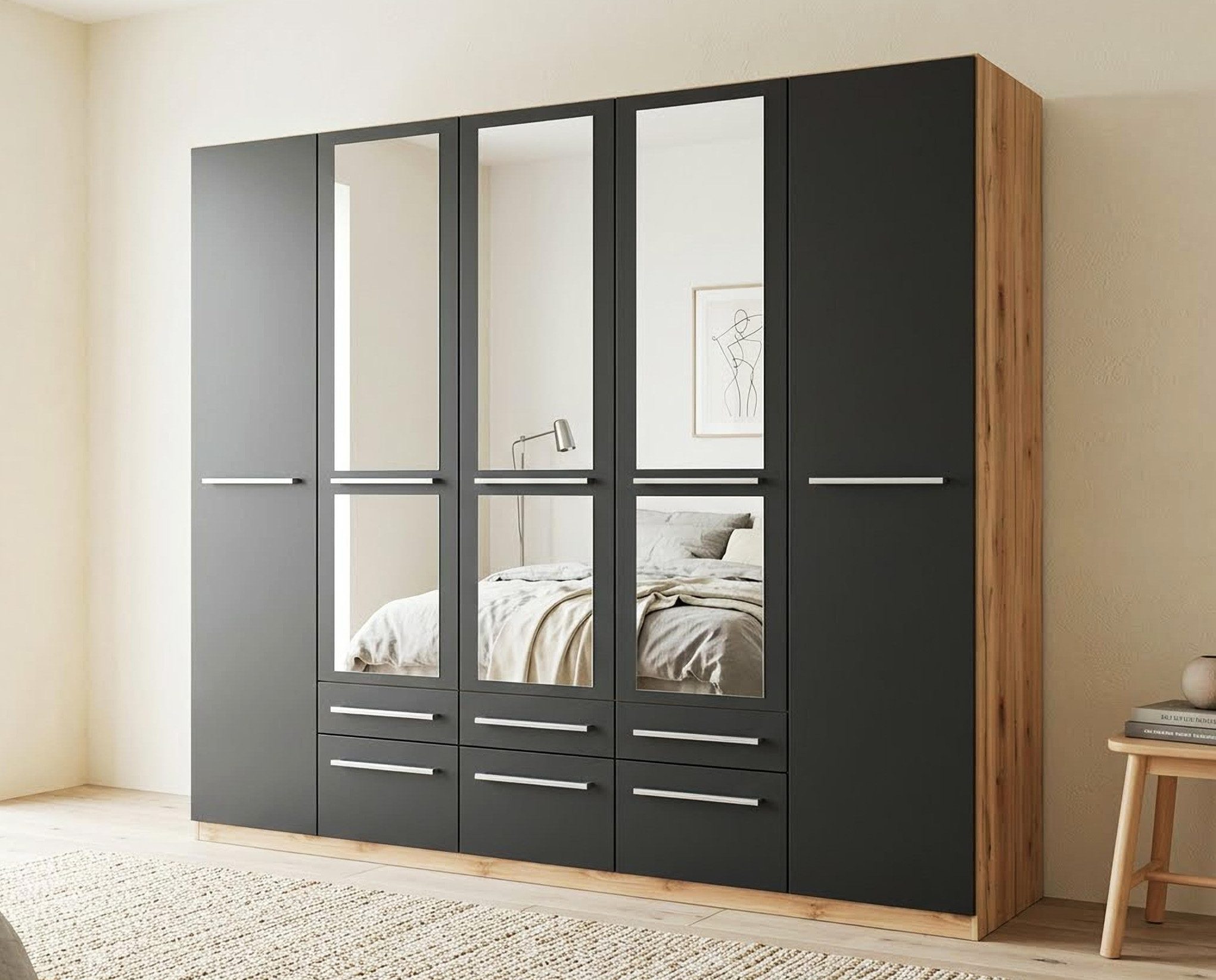 priess Kleiderschrank Schrank Garderobe Wäscheschrank Barcelona in 5 Breiten viel Stauraum, geräumige Schubkästen, mit Spiegel, MADE IN GERMANY