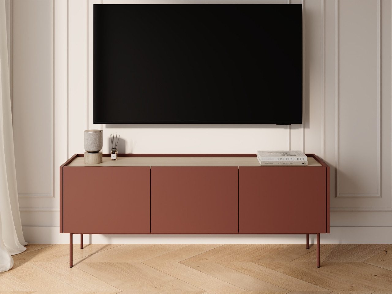 GrainGold TV-Schrank Drevo (Set, TV-Schrank, Metallbeine) Breite 144 cm, Metallbeine, Laminierte Platte, Modern Stil