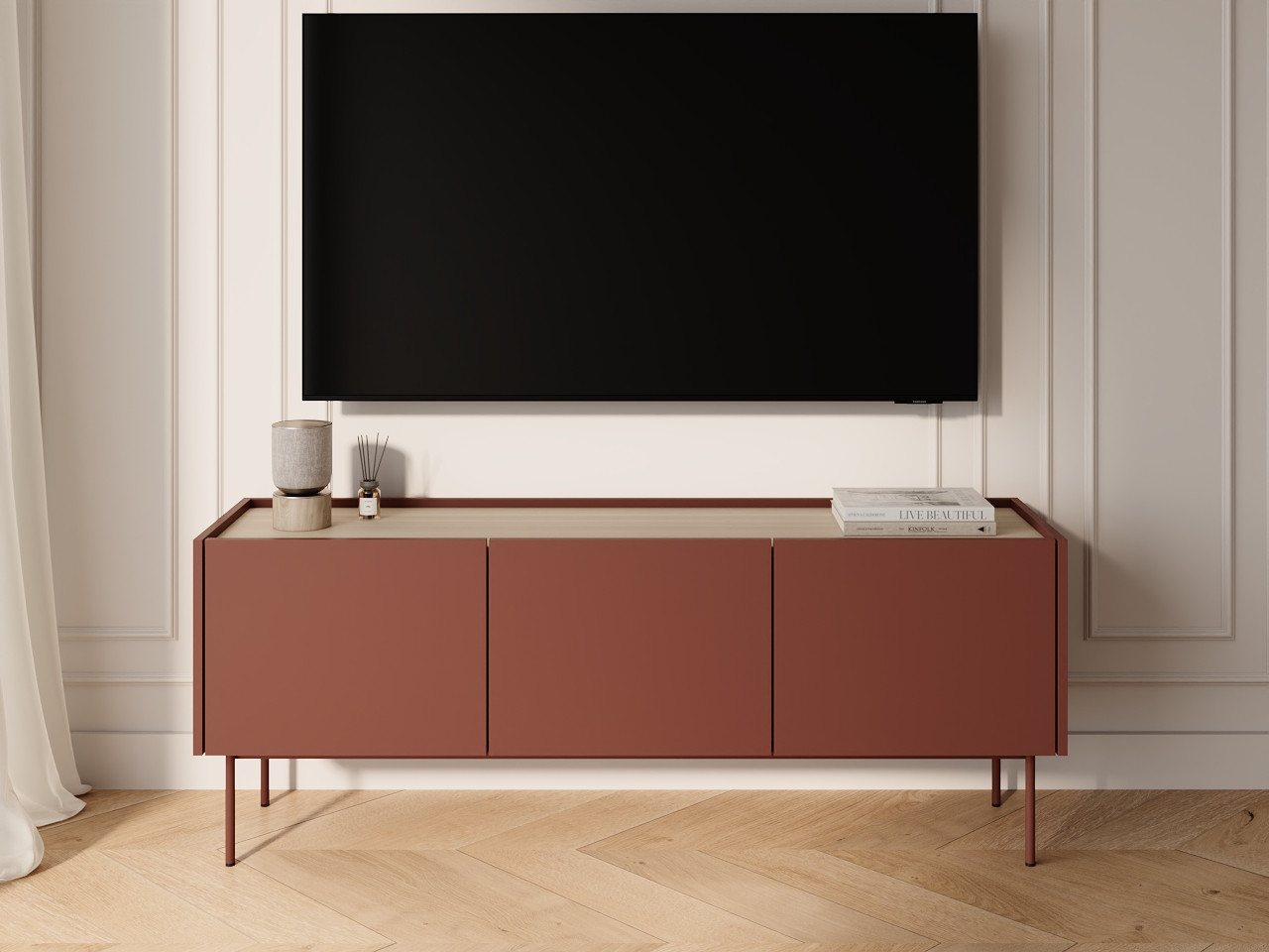 GrainGold TV-Schrank Drevo (Set, TV-Schrank, Metallbeine) Breite 144 cm, Metallbeine, Laminierte Platte, Modern Stil