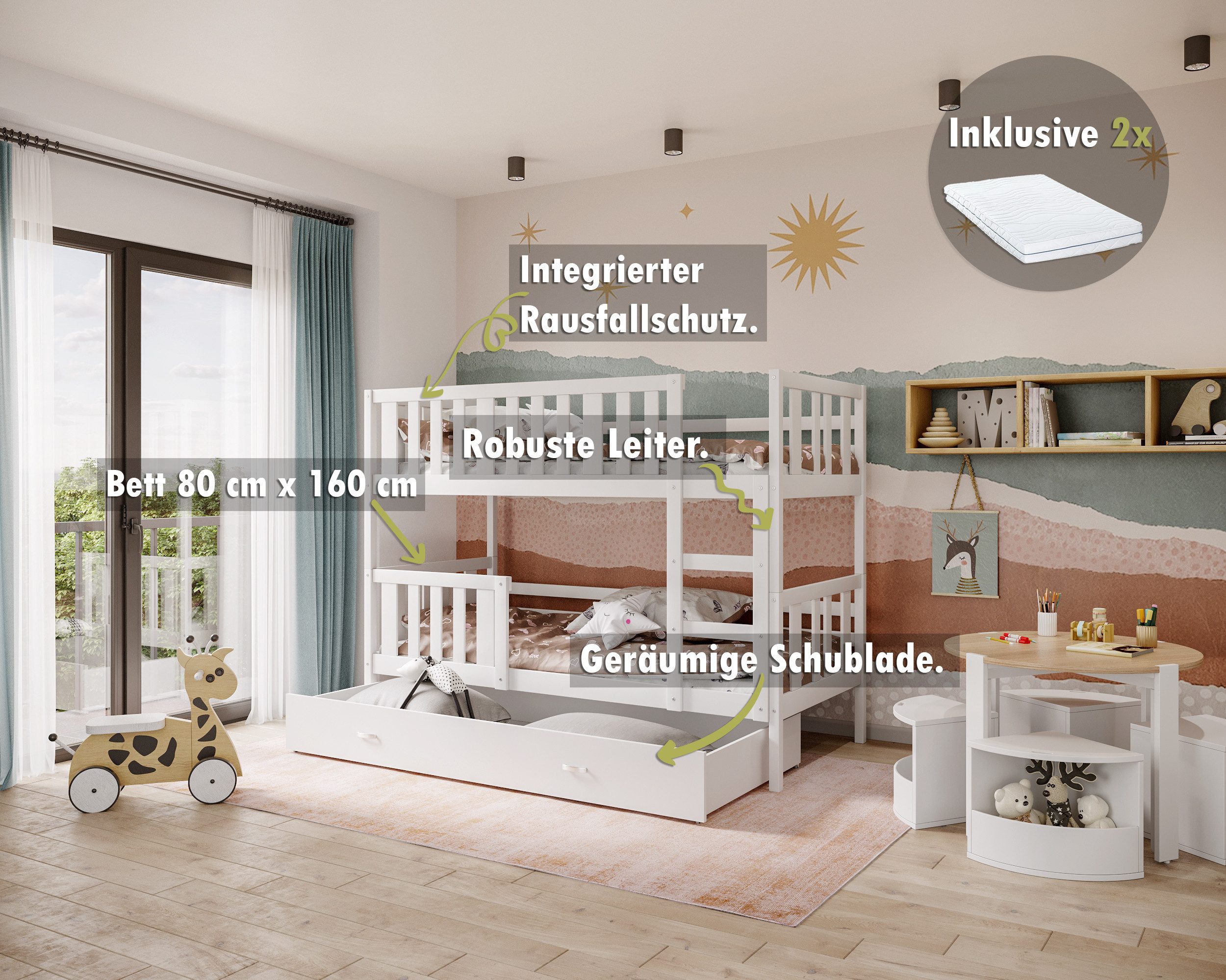 AJKmeble Hochbett mit Rausfallschutz, Etagenbett 80x160cm, günstig online kaufen