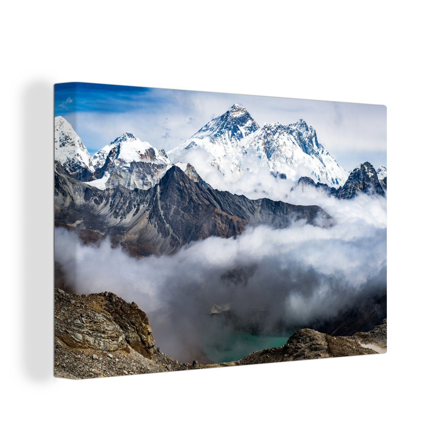 OneMillionCanvasses® Leinwandbild St), Gemälde, alle den Verschneiter Everest 120x80 Wandbild (1 XXL, Wolken, Wohnbereiche, cm des großes, in für Gipfel Mount
