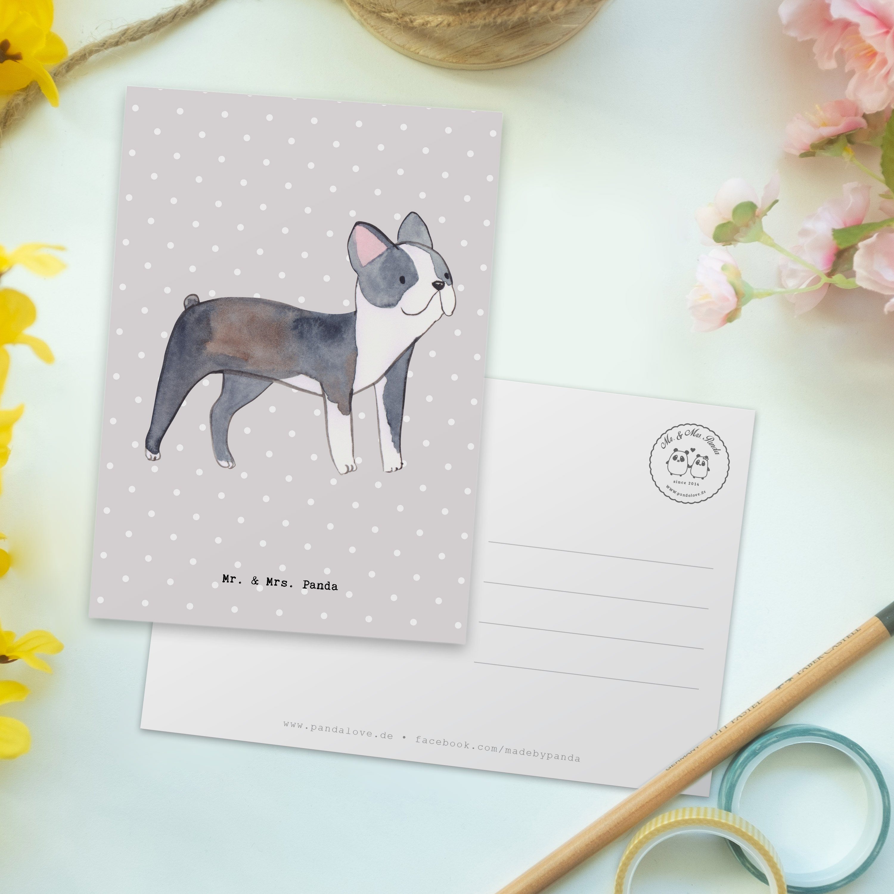Mr. & Mrs. Panda Karte, Grußkar Grau - Terrier Postkarte Boston Lebensretter Geschenk, Pastell 