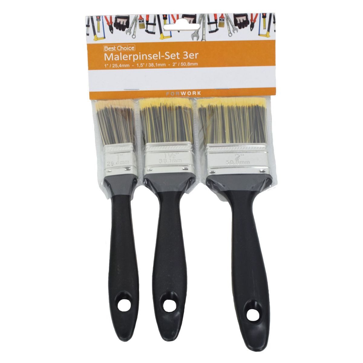 B&C Flachpinsel Pinsel Set 3tlg. 25, 38 & 50 mm Synthetische Borsten Kunststoffgriff, (3 St), mit Aufhängung