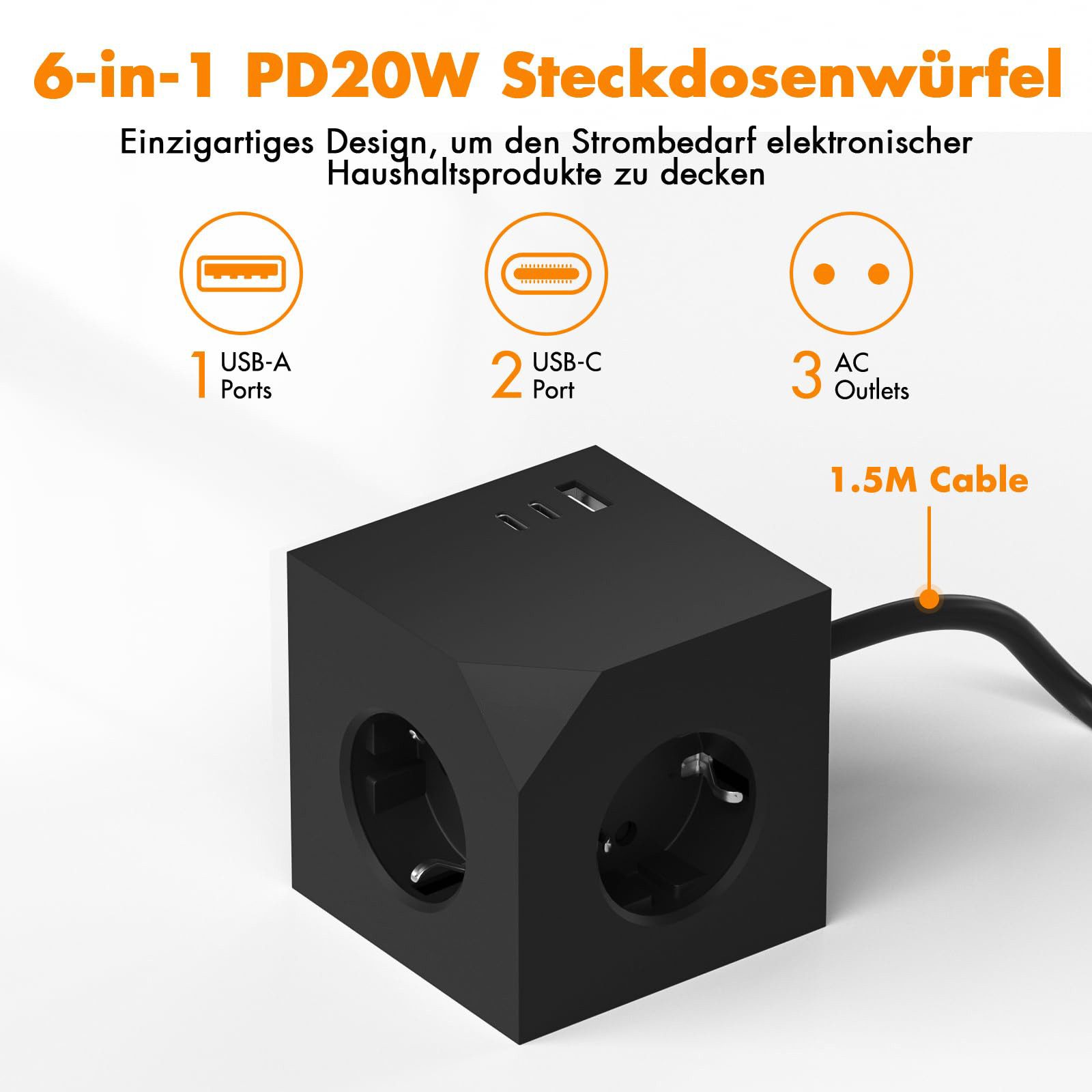 OYLCDI Steckdosenleisten Eck-Steckdosenleiste PD-Schnellaufladung 7 Fach Mehrfachsteckdose 6-fach (USB-Anschlüsse, 1,5M Verlängerungskabel, 3680W 16A,USB PD20W, – Bild 4 von 5