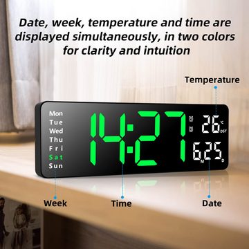 BlingBin Wanduhr 13-Zoll Digitale Wanduhr Elektronische Uhr grünes LED Licht Uhrzeit (Großdisplay Digitaluhr LED-Wanduhr mit Fernbedienung Doppelter Wecker)