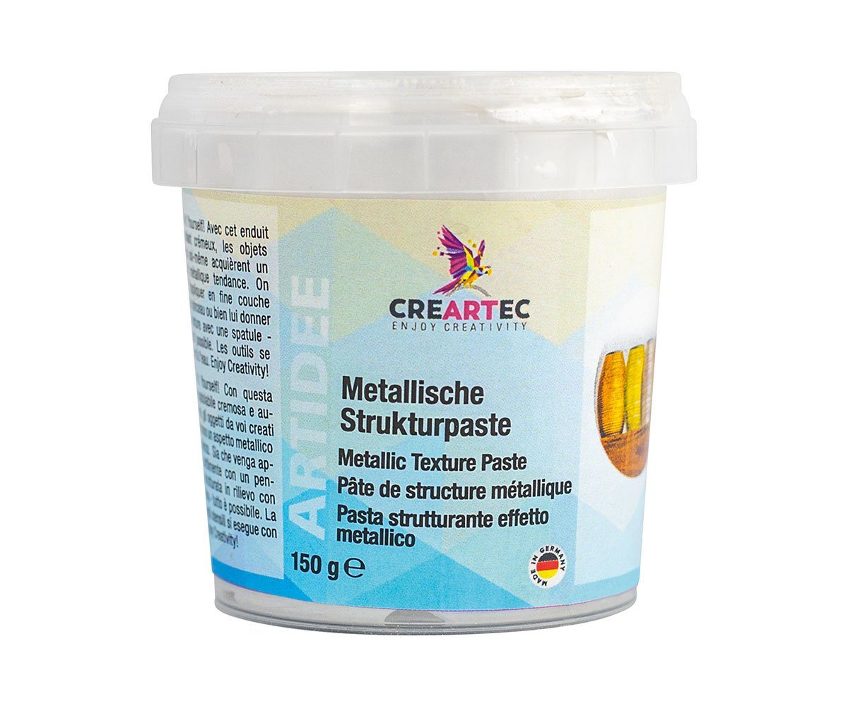 CREARTEC Strukturpaste Metallische Strukturpaste silber seidenmatt - 150g, selbstklebende Spachtelmasse in metallischem Look - Made in Germany