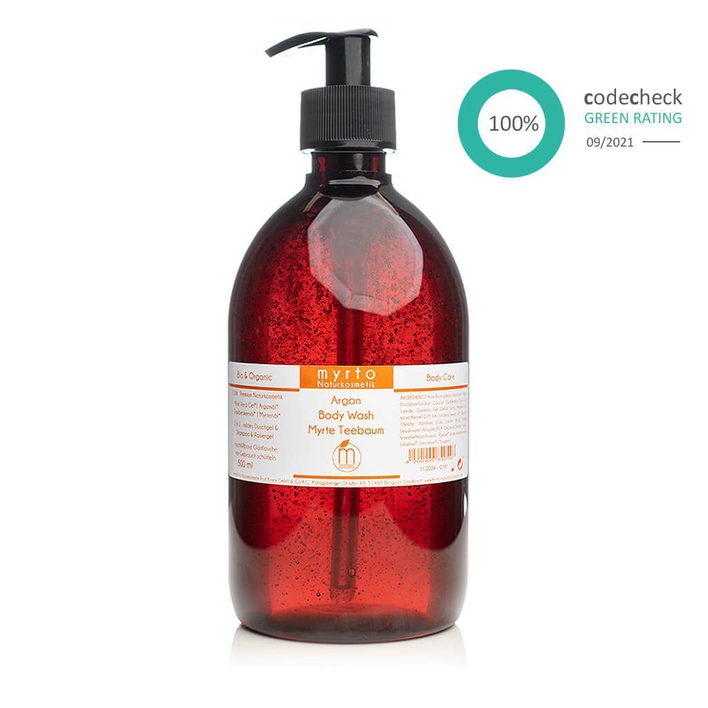 myrto Naturkosmetik Duschgel Argan Body Wash Myrte-Teebaum - 500ml Grosspackung, ohne Alkohol, naturreine ätherische Öle, vegan