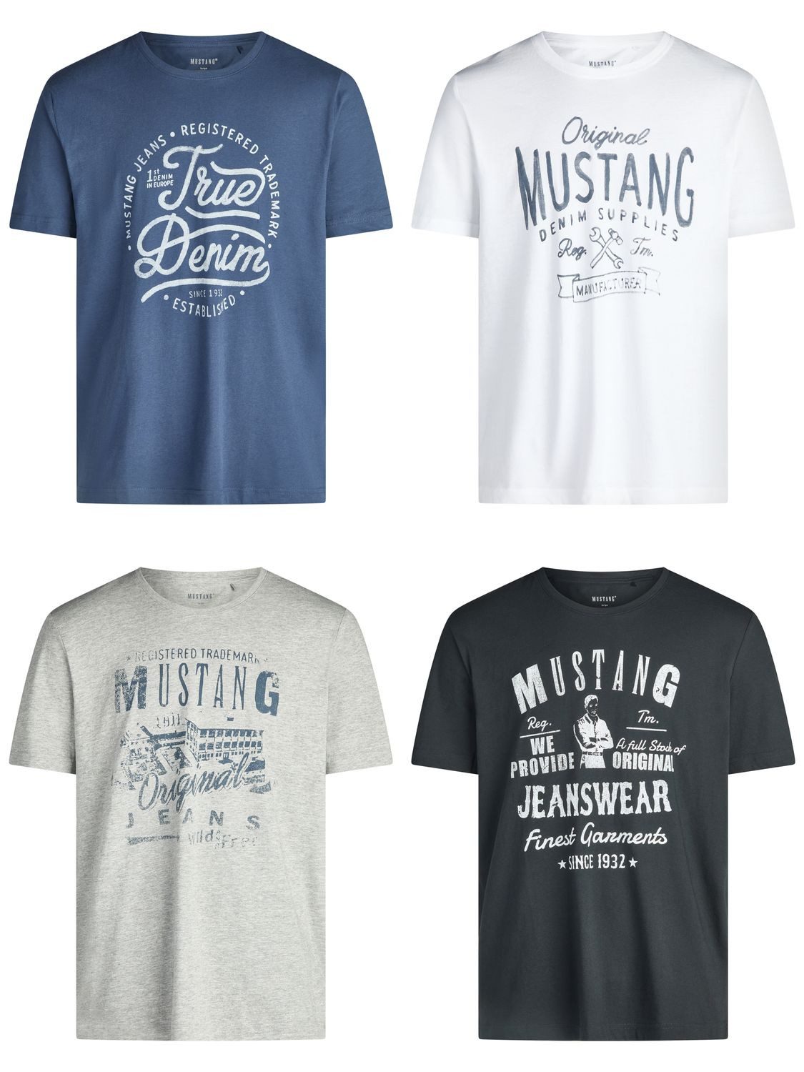 MUSTANG T-Shirt Herren Printshirt 4er Pack Set Regular Fit (Vorteilspack, 4-tlg) Kurzarm Sommer Tee Shirt mit Rundhalsausschnitt aus 100% Baumwolle